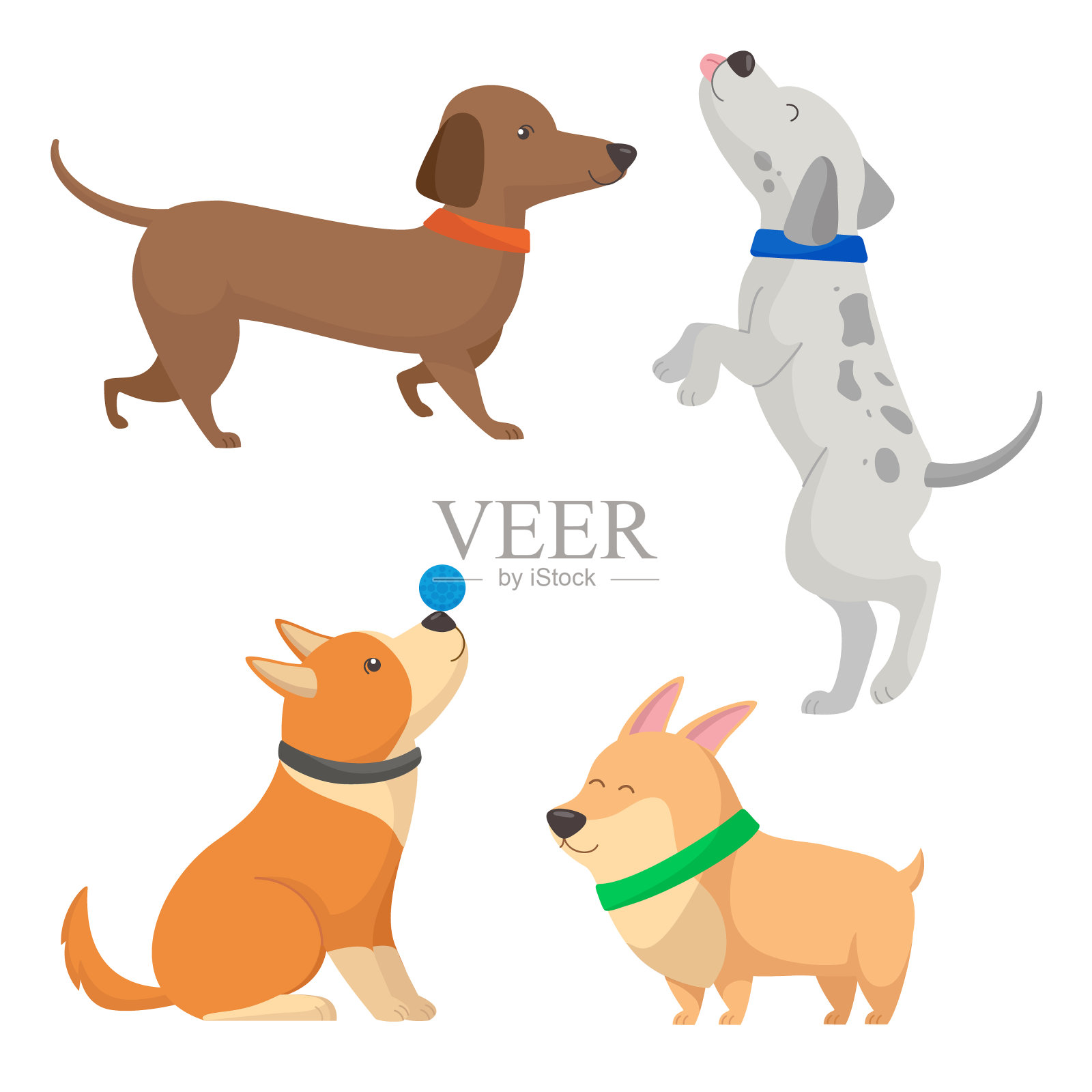 可爱有趣的卡通狗，小狗，宠物的角色，不同的面包狗矢量平面插图。狗集合设计元素图片