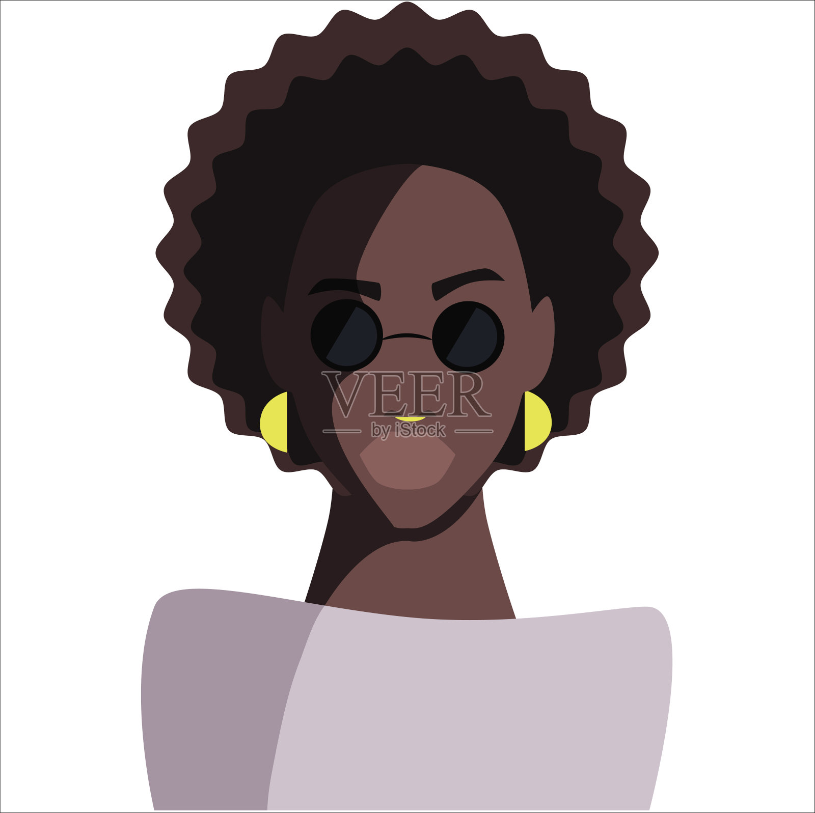卷发，肖像非洲妇女，深色皮肤女性的脸与卷发非洲，民族传统耳环和性感的嘴唇。插画图片素材