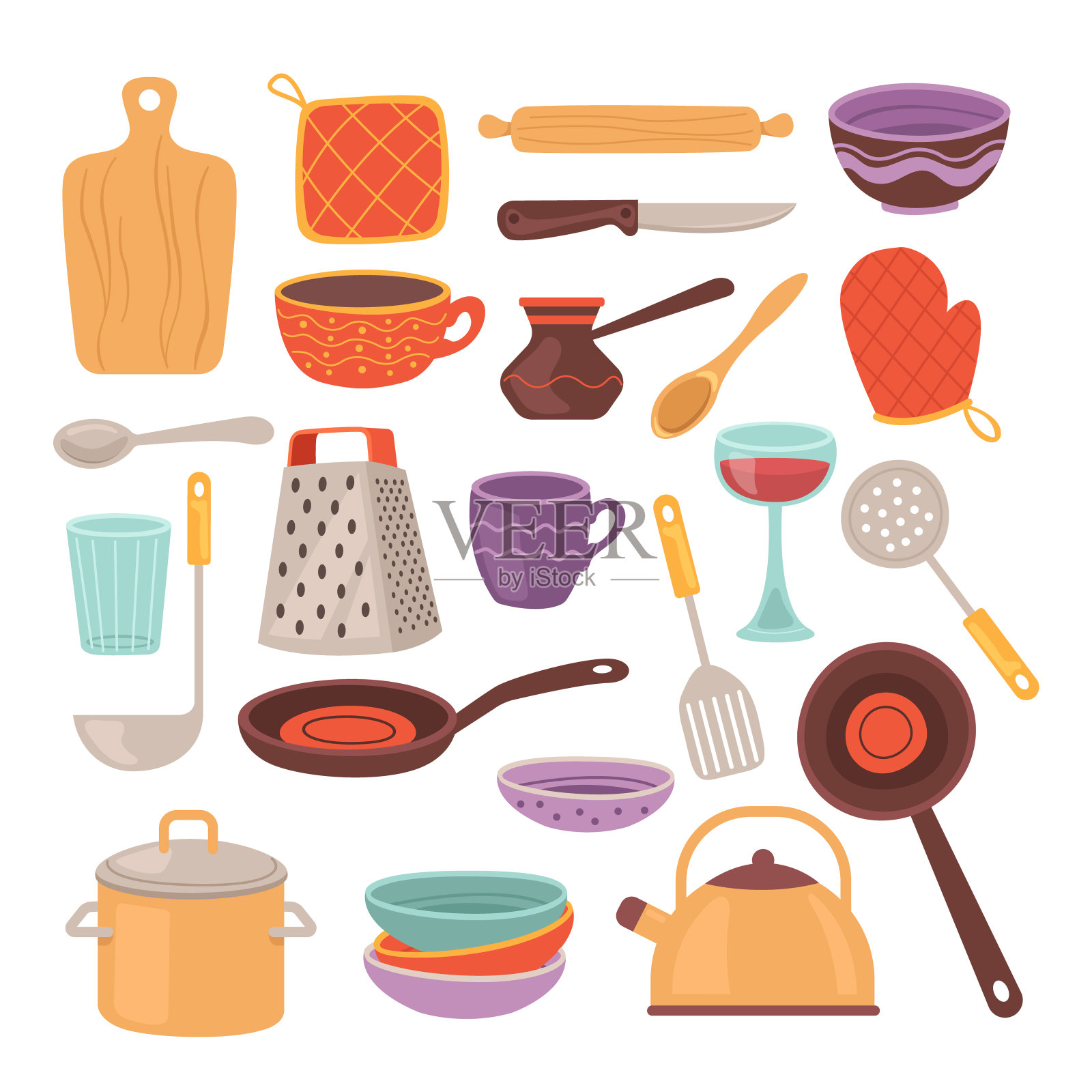 厨房工具配件简单孤立集。矢量平面卡通图形设计插图图标素材