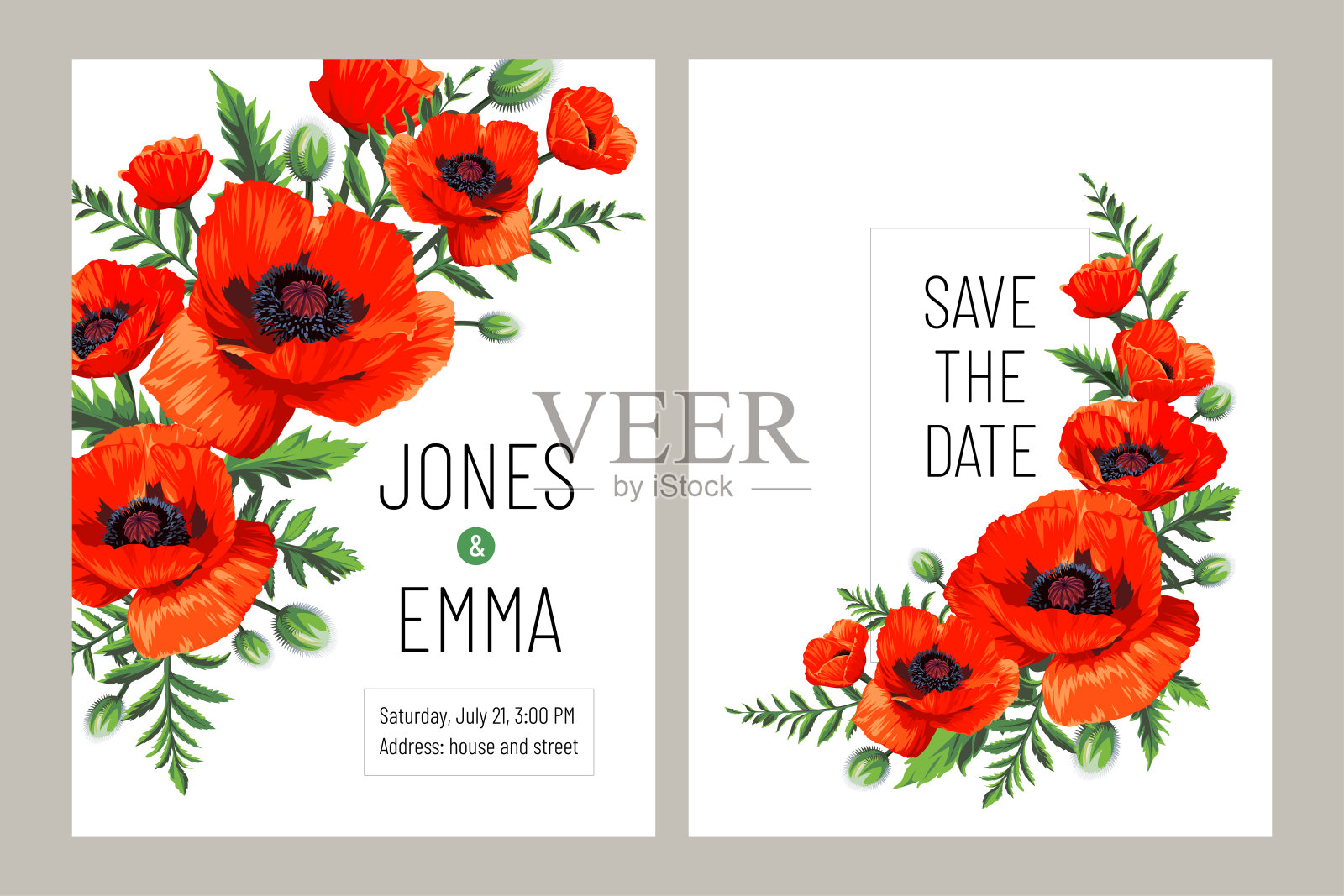 婚礼邀请卡。框架与文字和花束-红色罂粟(Papaver rhoeas)孤立在白色背景。设计模板素材