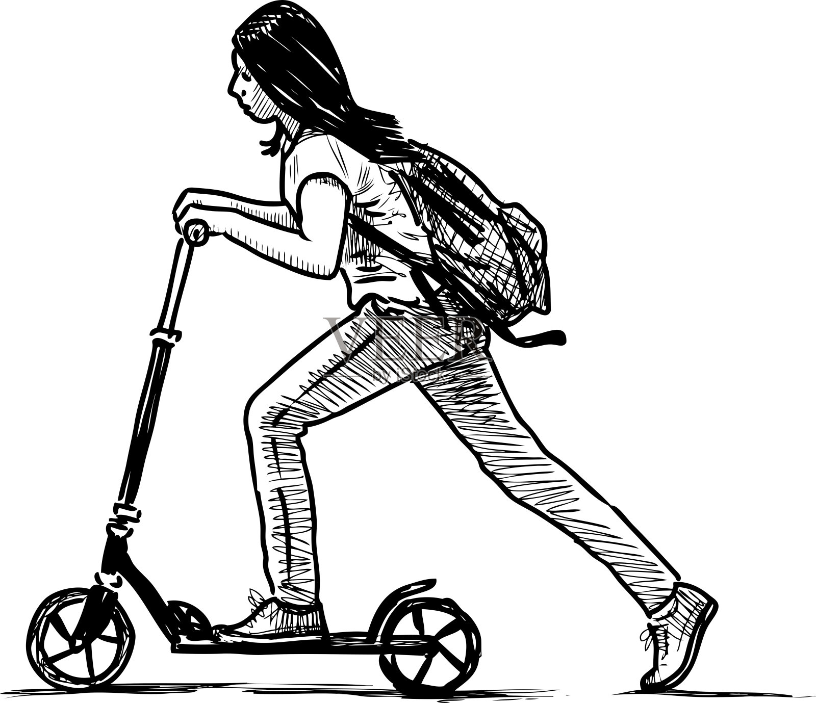 女学生骑踏板车的素描插画图片素材