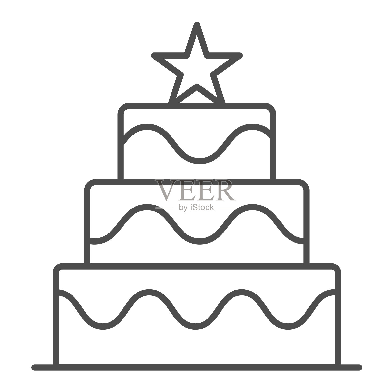 蛋糕与星星线和固体图标。白色背景上的大节日蛋糕轮廓风格象形图。在移动概念和网页设计的几个层次的圣诞派对派饼干。矢量图形。插画图片素材