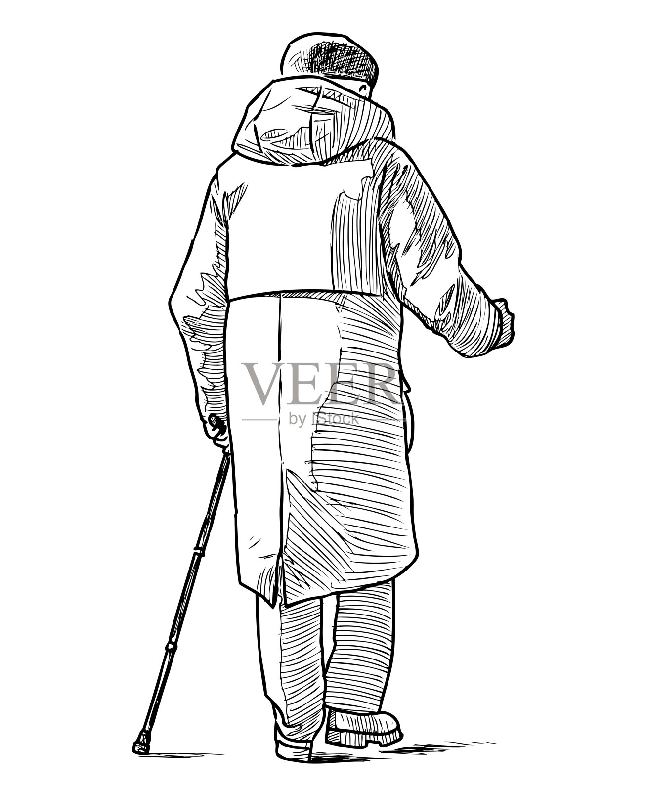 一个老人拄着拐杖走在街上的素描插画图片素材
