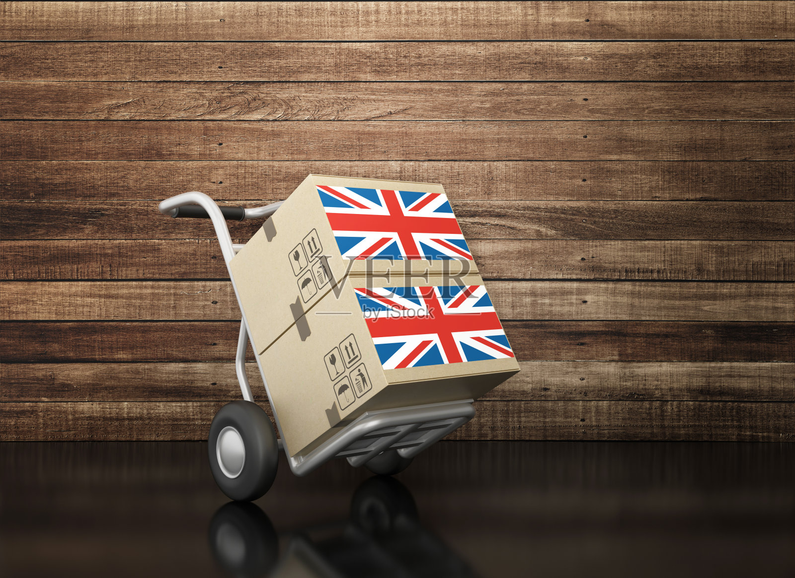 手卡车和纸板盒与英国国旗在黑板上- 3D渲染照片摄影图片