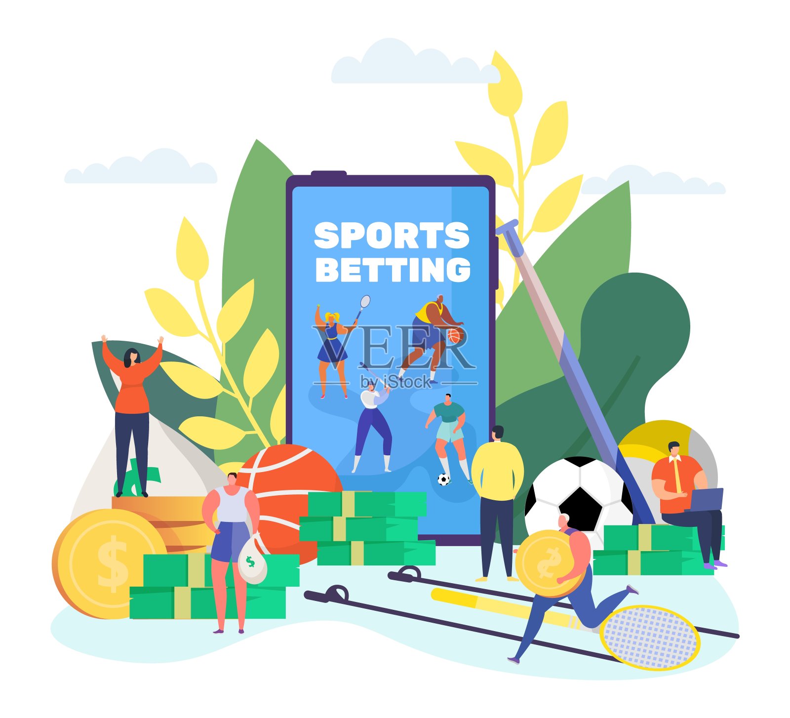 体育博彩在线矢量插图，卡通小人赌体育足球比赛用智能手机应用隔离白色插画图片素材