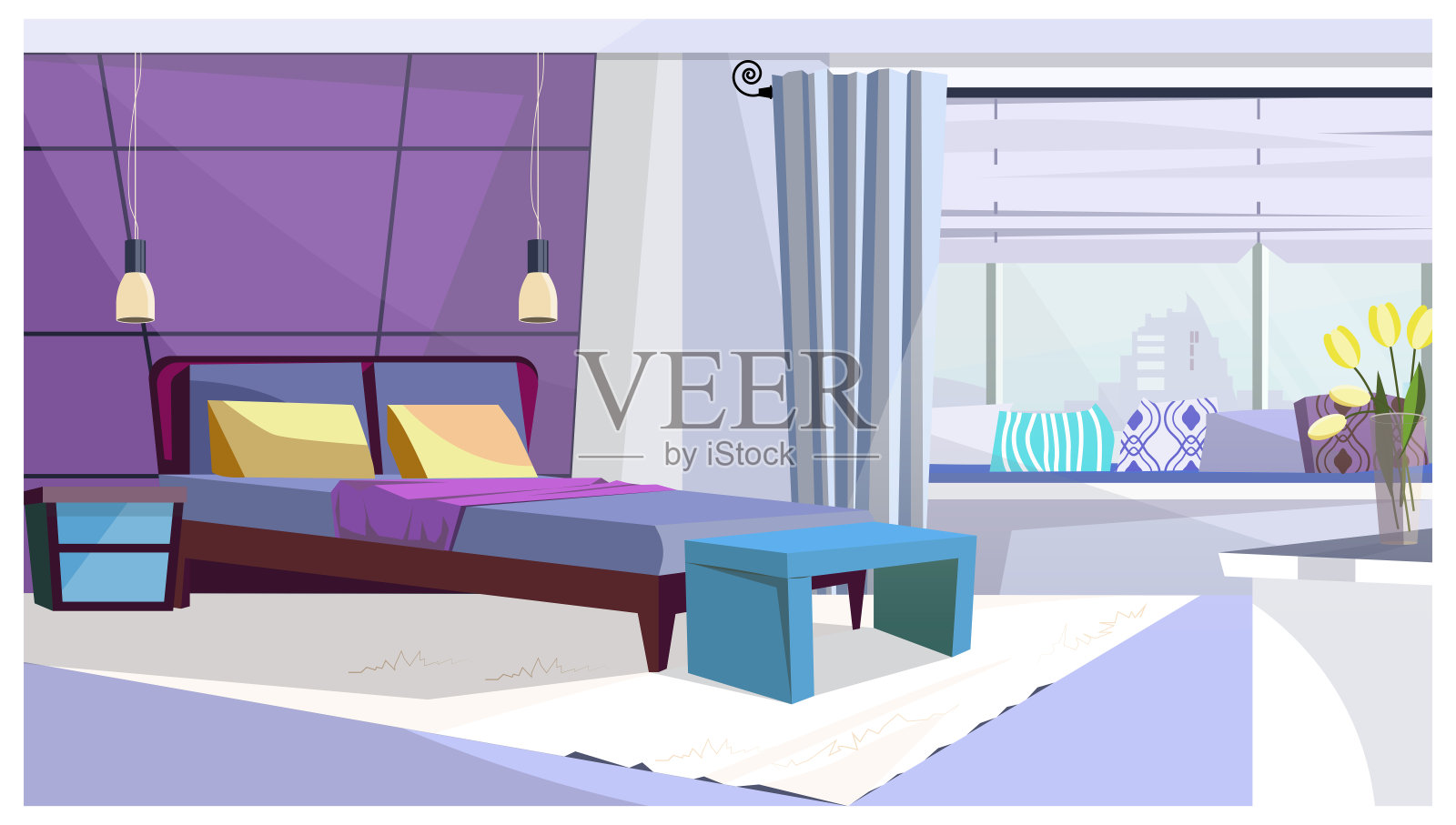 酒店房间的床是紫色的插图插画图片素材