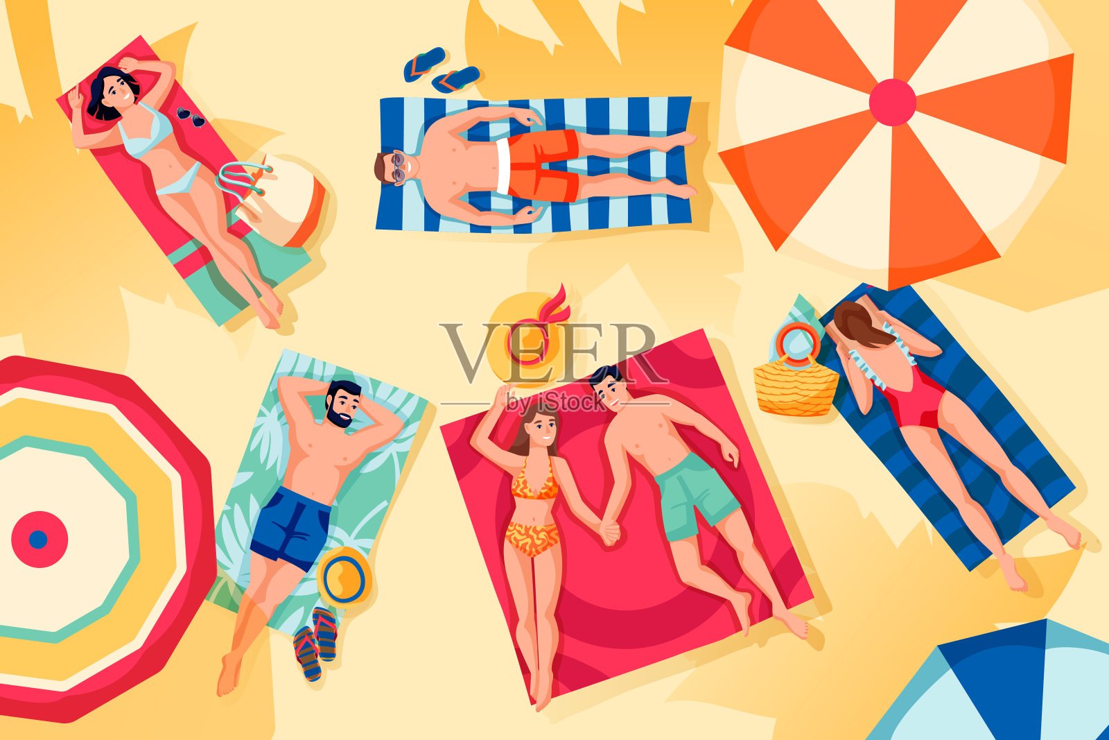 人们在海滩上放松和晒日光浴。矢量顶视图插图。夏季户外休闲、度假、度假概念。插画图片素材