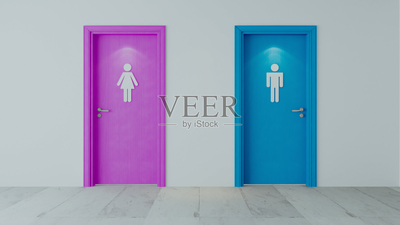 粉色和蓝色厕所木门与白色墙壁和标志3D渲染照片摄影图片