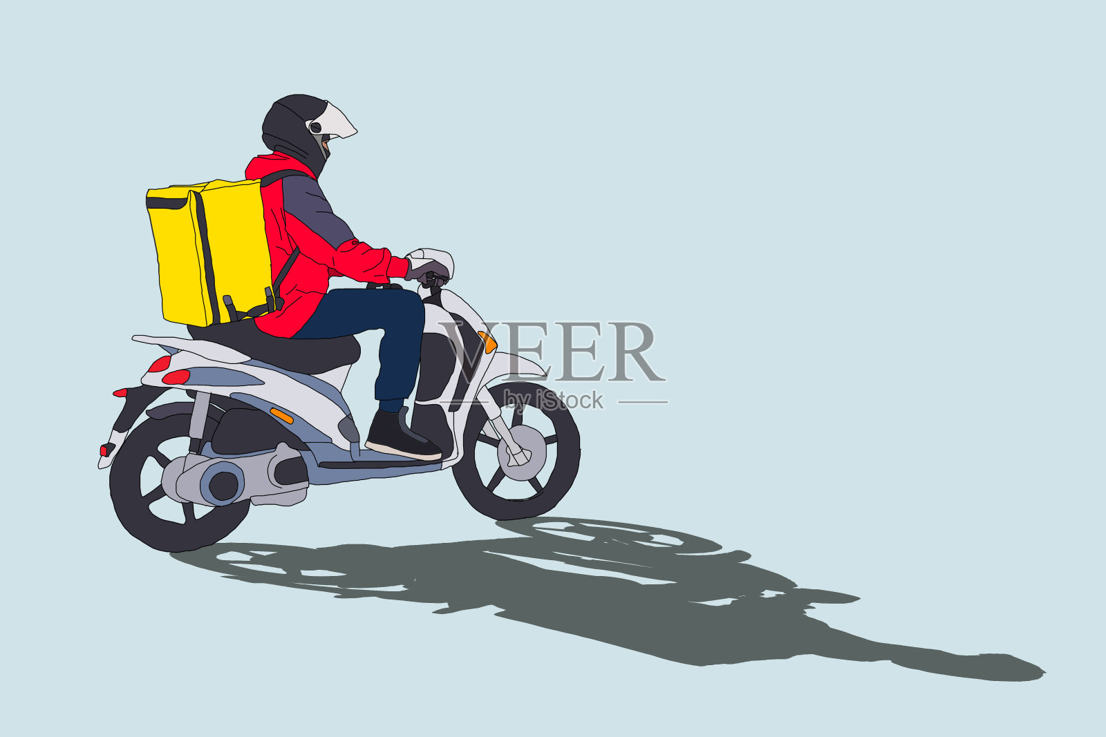现代创意交付概念插图，以送货员rinding运输机车，孤立。男主角戴头盔骑摩托车设计元素图片