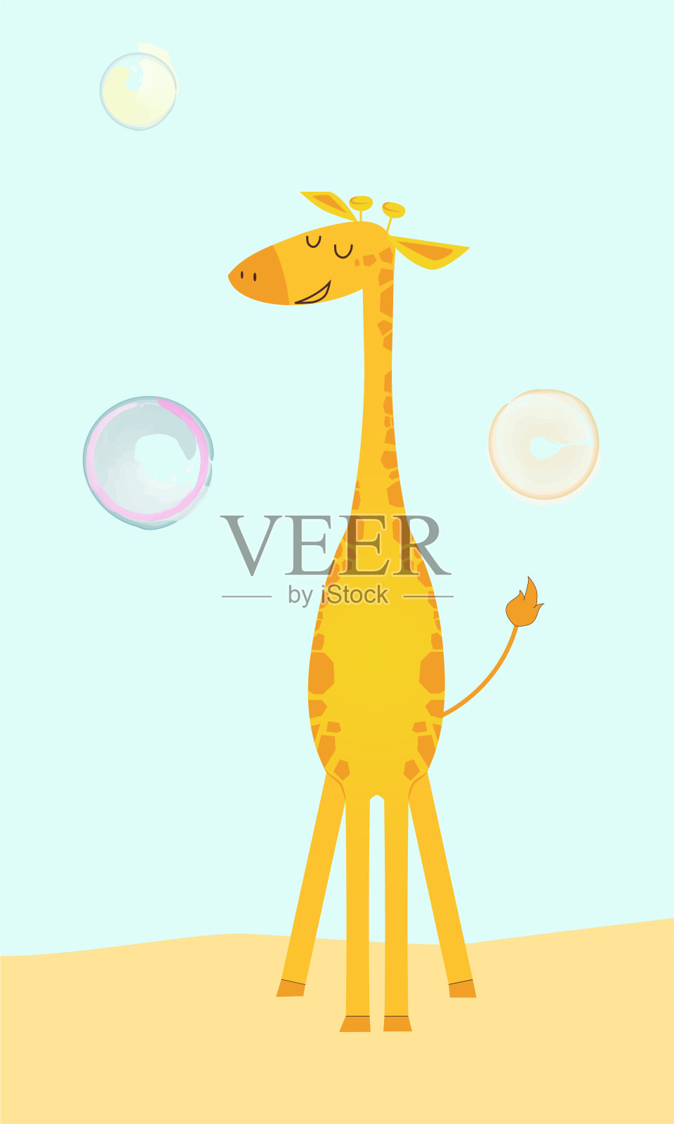 可爱的长颈鹿卡通风格与肥皂泡。插画图片素材