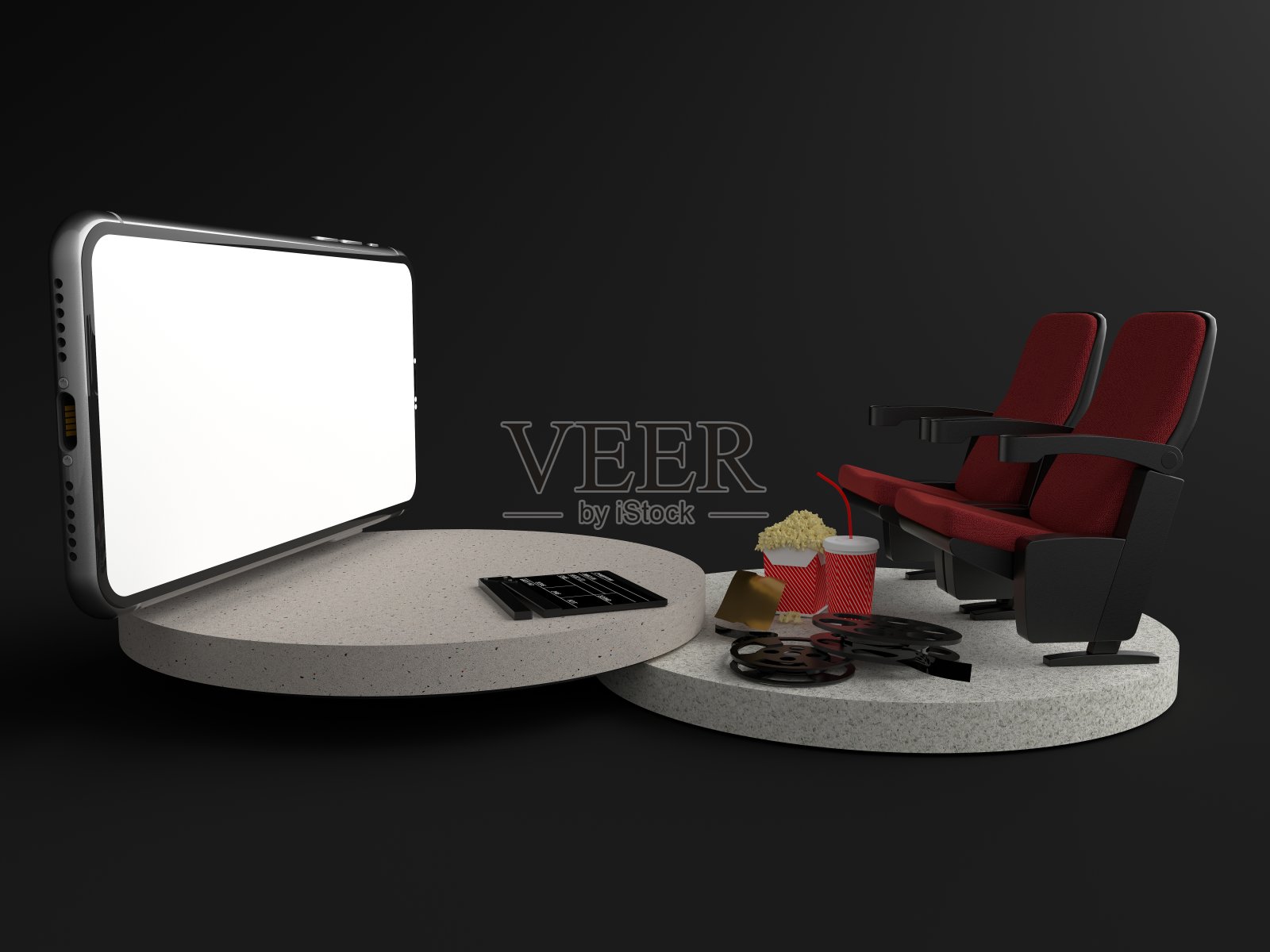 电影在家。智能手机白色屏幕与物体在前面，椅子看电影，爆米花，电影卷和电影票。概念，孤立在黑色背景，插图，3D渲染。照片摄影图片