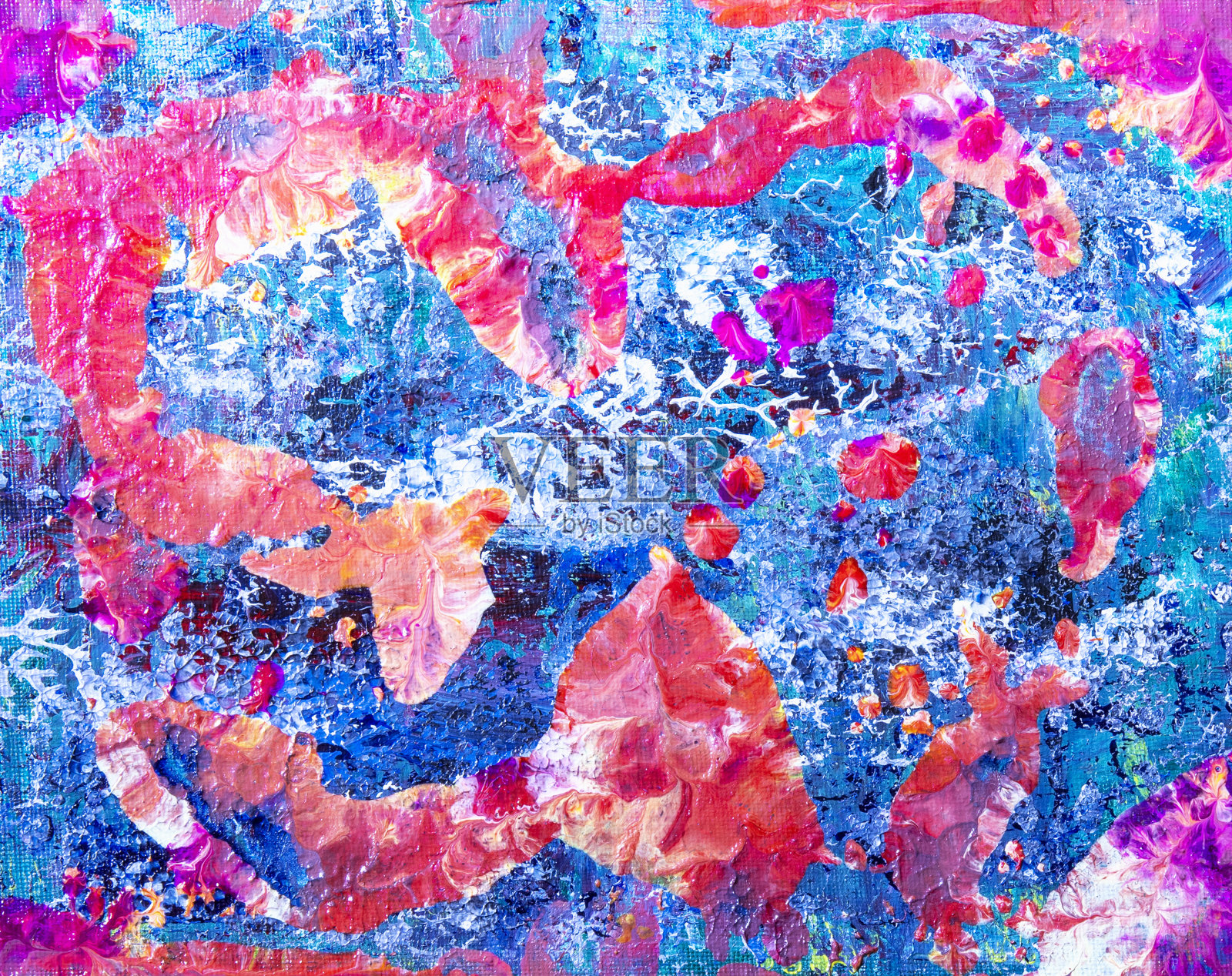 原来明亮的抽象丙烯画在画布上粉红色和蓝色照片摄影图片