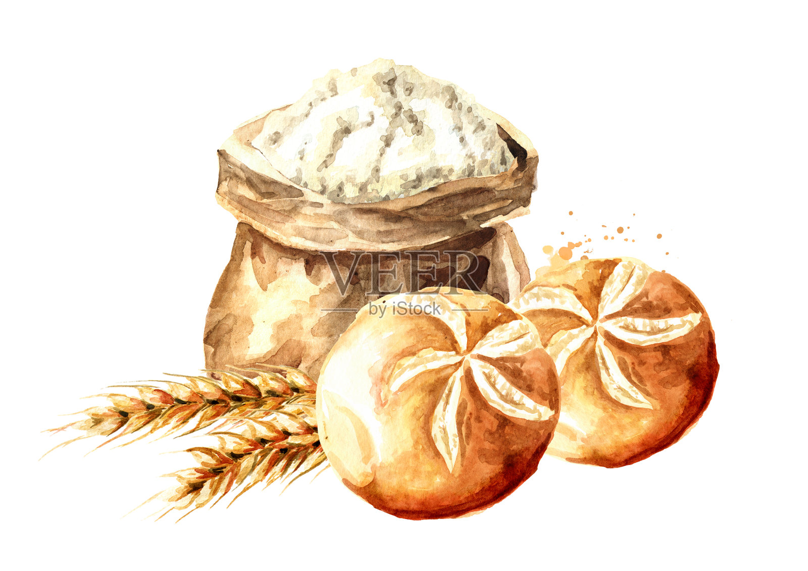 Backery概念。新鲜出炉的麦穗面饼。手绘水彩，插图孤立的白色背景插画图片素材
