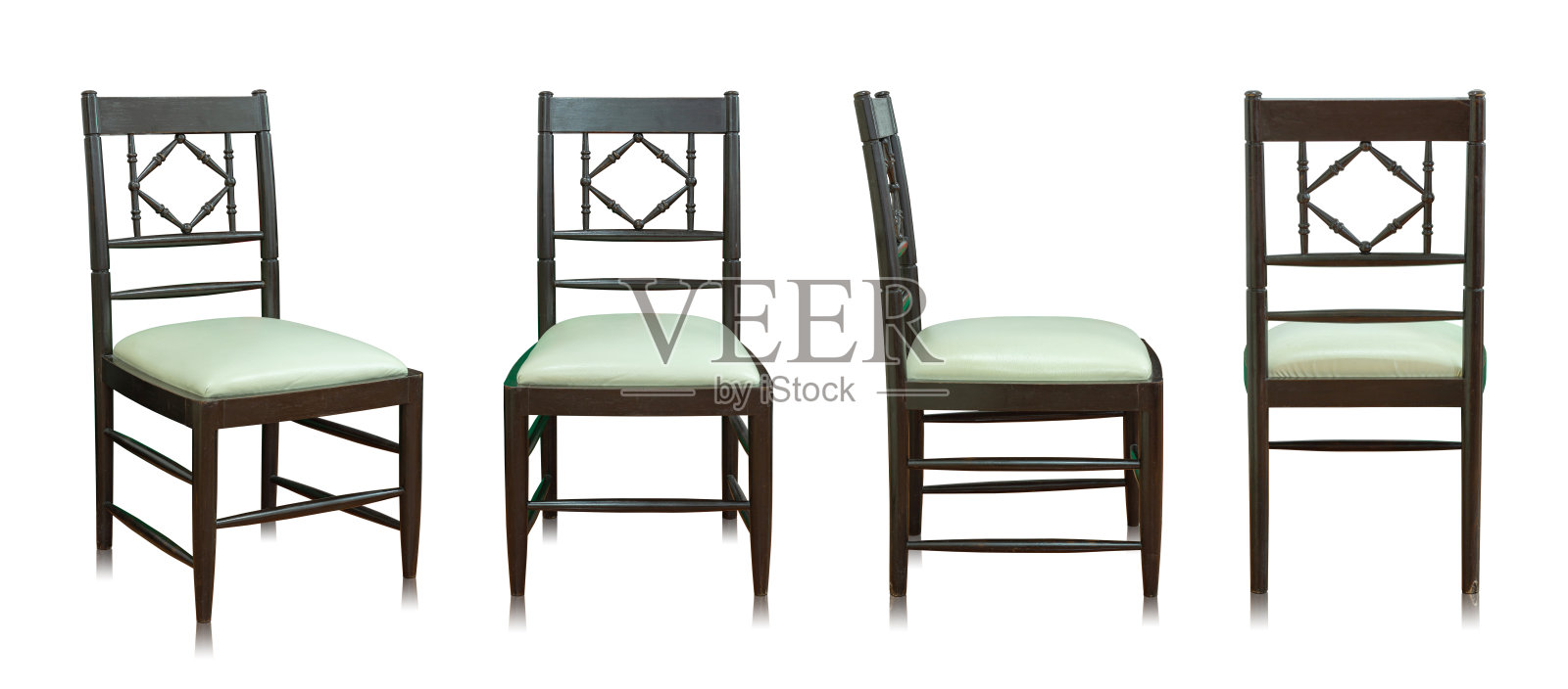 一套木制椅子与皮革座位隔离在白色背景照片摄影图片