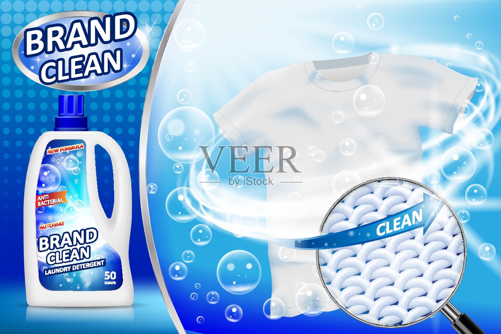 洗衣粉广告海报。带有肥皂泡泡和特写纤维结构的广告去污剂包装设计。洗衣粉横幅与干净的衬衫。矢量图插画图片素材