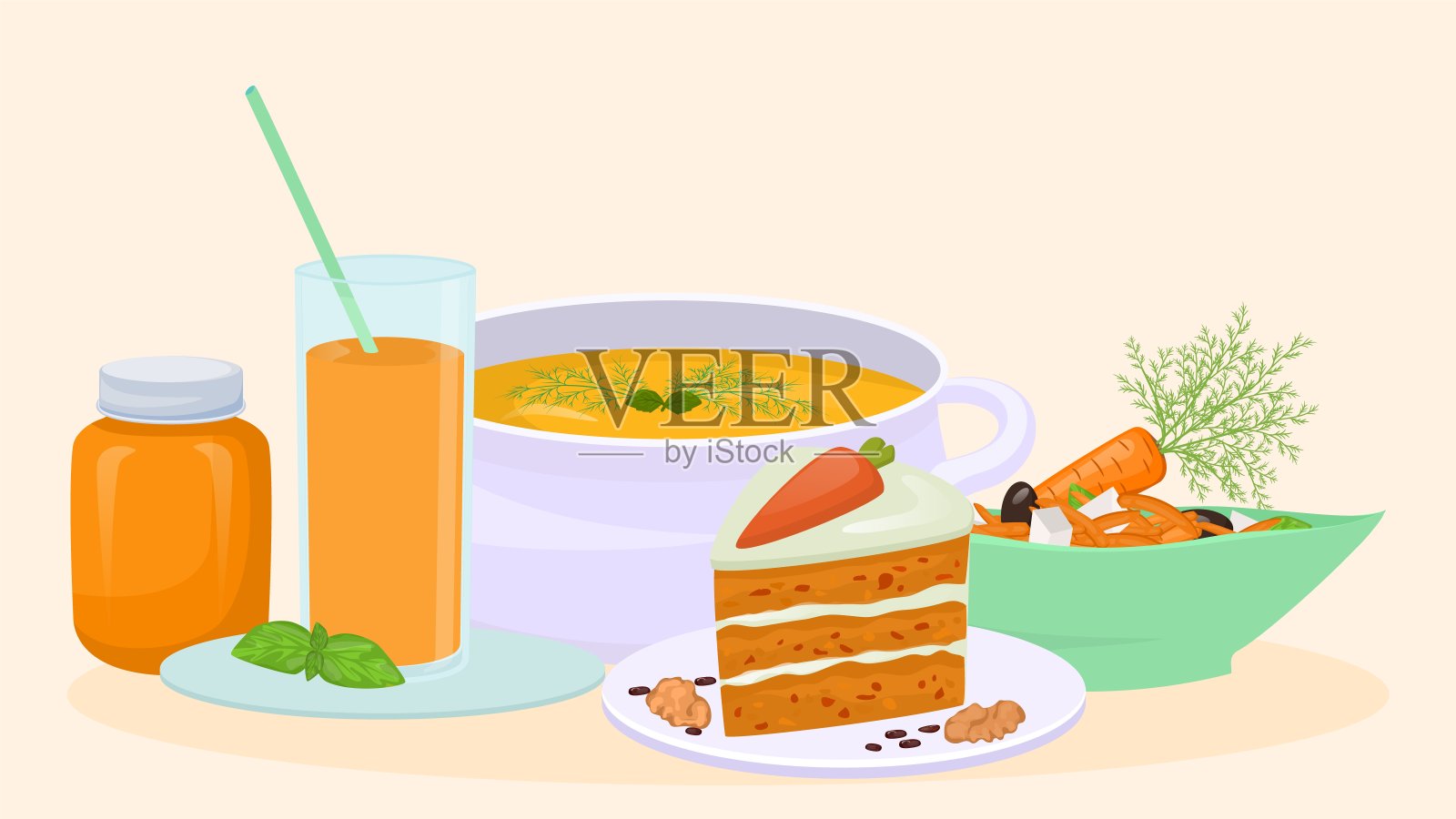 菜肴准备胡萝卜，汤，胡萝卜蛋糕，沙拉和果汁矢量平面插图。健康的素食胡萝卜食品。插画图片素材