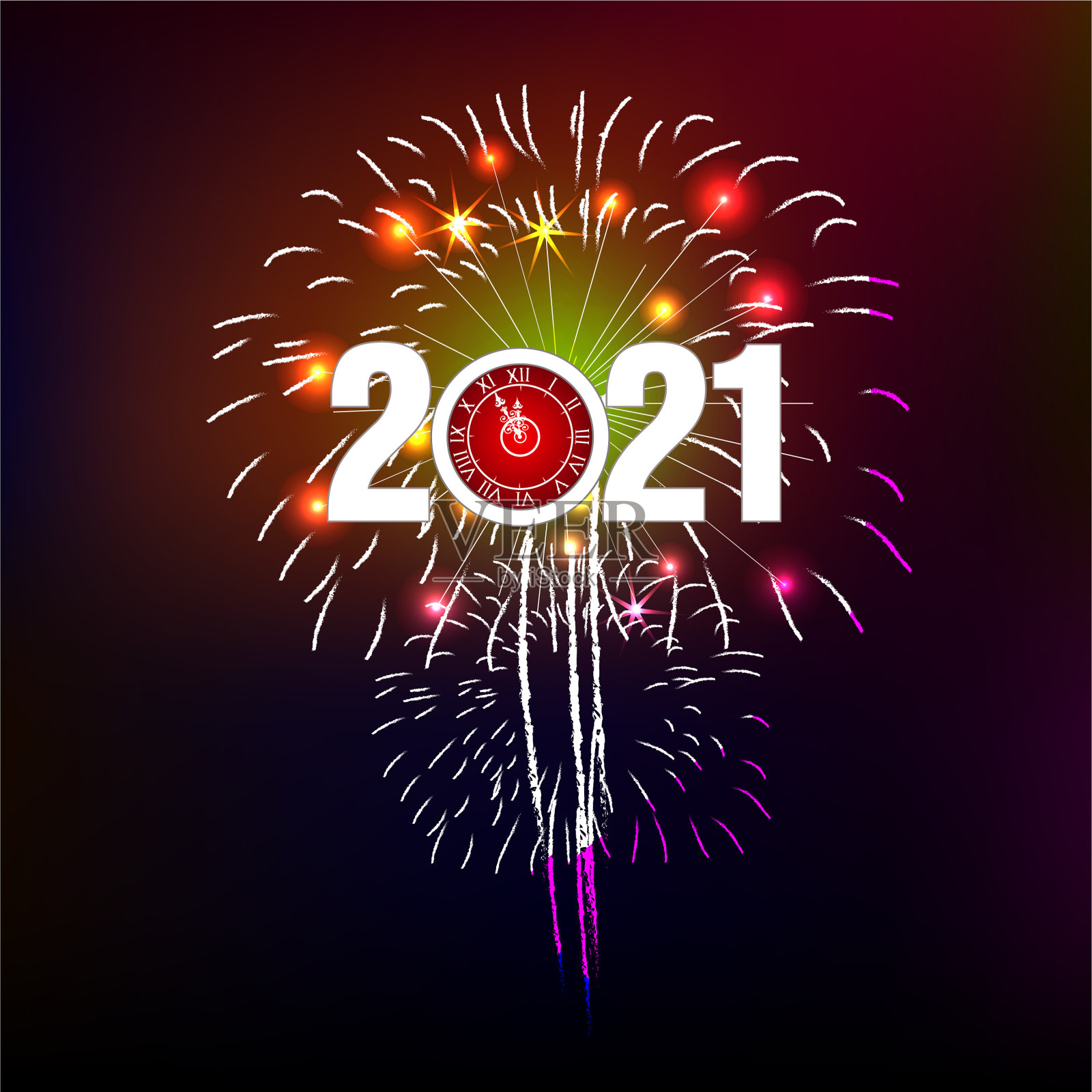 在烟火的背景下，2021年新年快乐插画图片素材