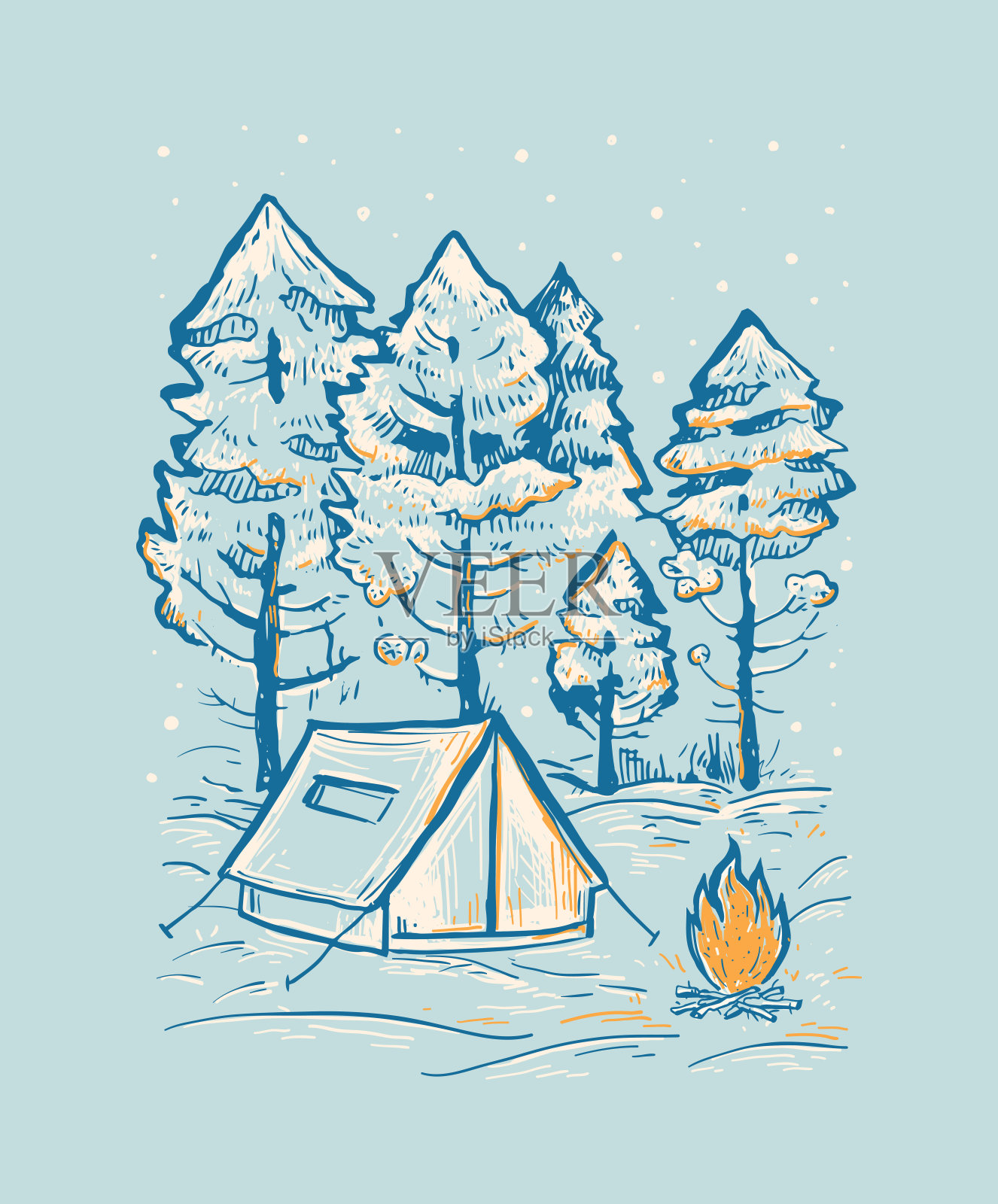 冬季针叶林，帐篷和篝火的草图向量。浪漫手绘蓝色矢量插图。插画图片素材
