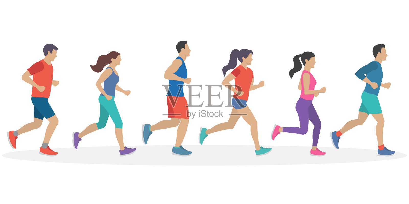 人跑步。男人和女人慢跑。马拉松比赛的概念。运动和健身设计模板与跑步者和运动员在平坦的风格。矢量插图。设计元素图片