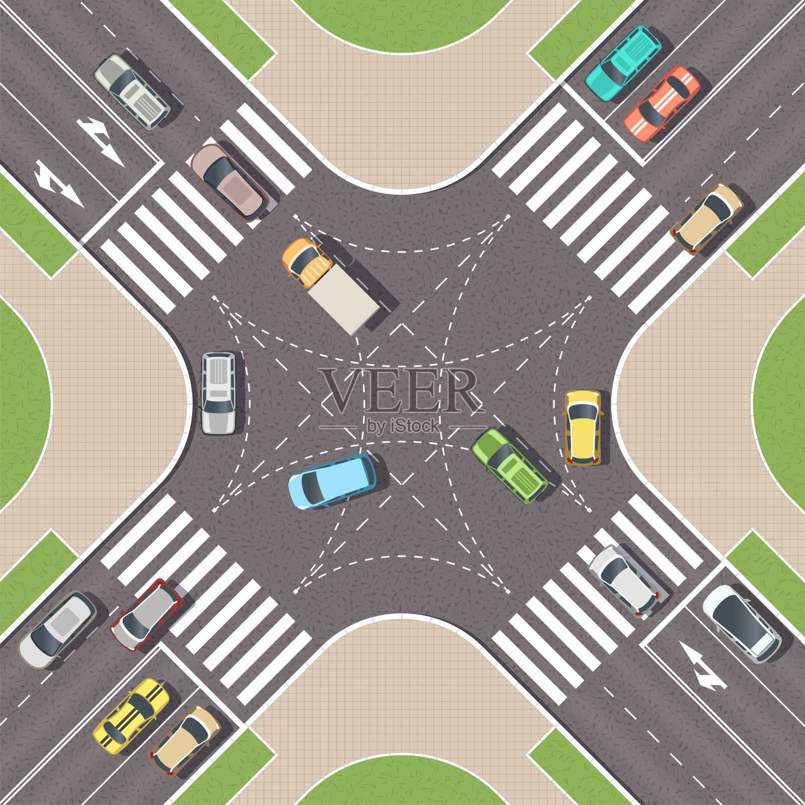 有汽车和人行道的城市十字路口。城市十字路口有行人斑马线。十字路口俯视图。从上面俯瞰城市景观。矢量图插画图片素材