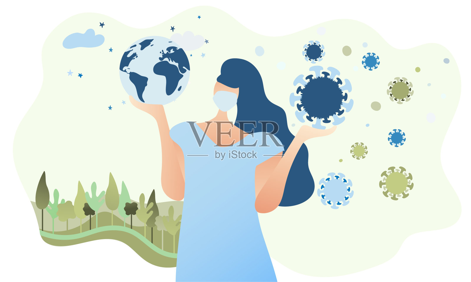 妇女一手拿着地球，一手拿着冠状病毒。插画图片素材