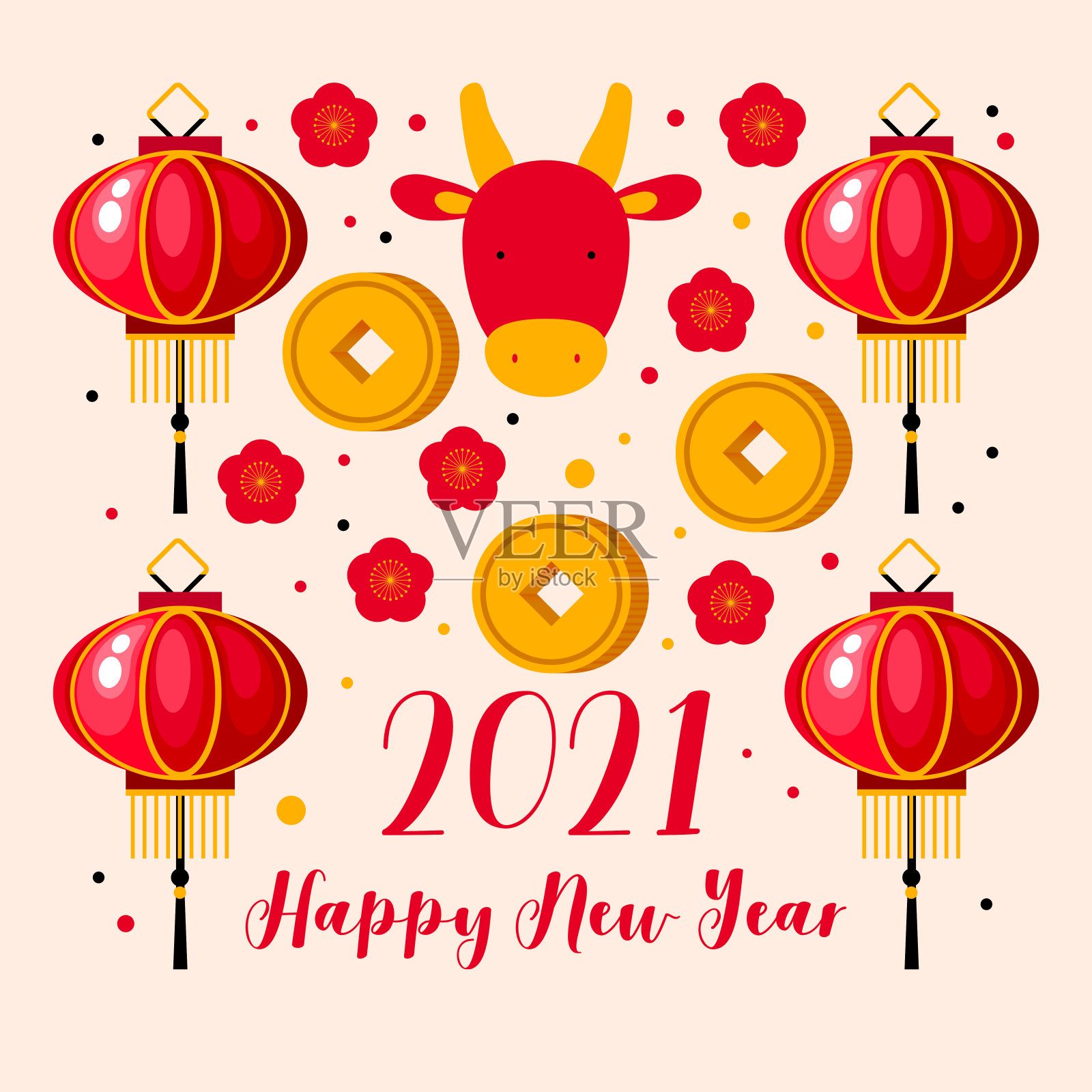 新年快乐。2021. 牛和樱花，灯笼，钱。花。中国、日本设计。牛，牛，牛。为您设计的中国新年动物符号插画图片素材
