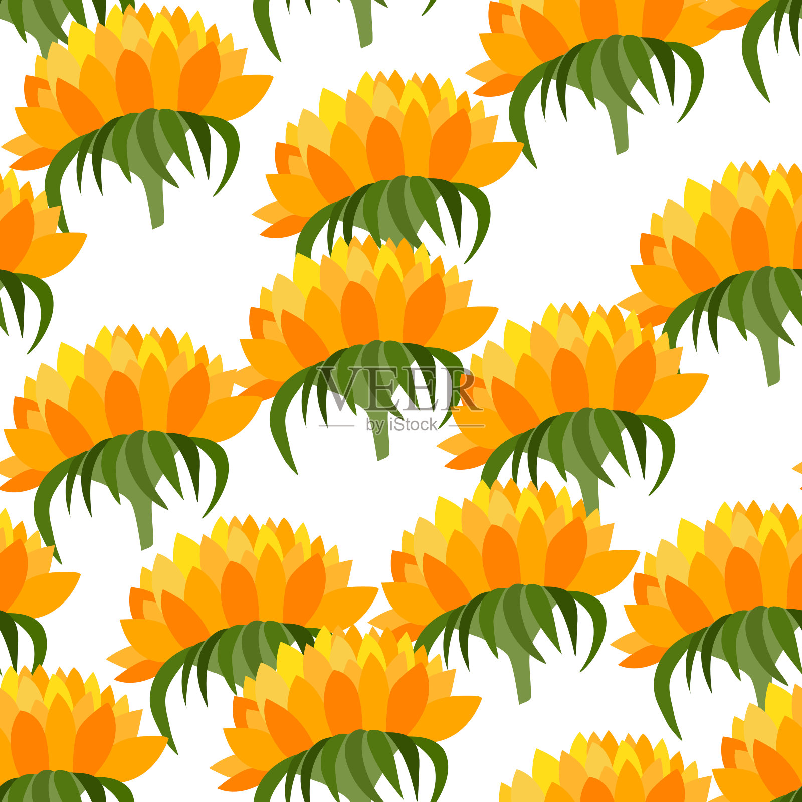 夏季彩色无缝图案与橙色向日葵在白色的背景。卡通风格。设计织物，纺织品，海报，卡片，纸张。美丽的花。矢量插图。插画图片素材