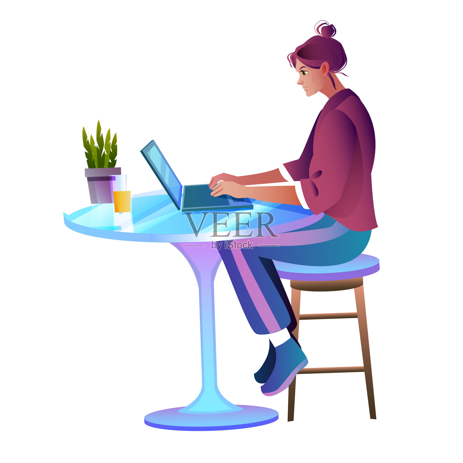 远程工作的概念与年轻成功的女性角色在她的家里工作与笔记本电脑。插画图片素材