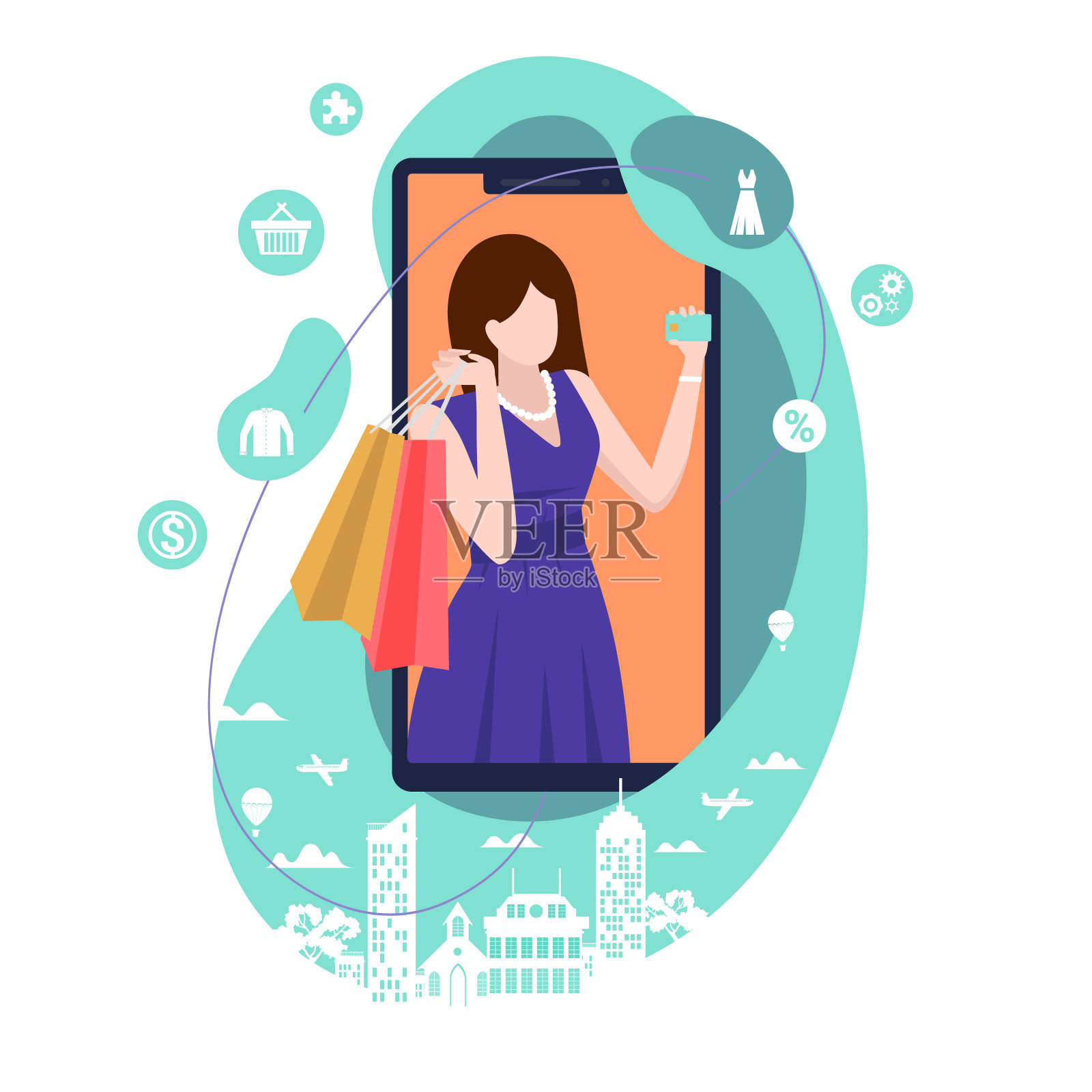 概念平面矢量插图。手机在线购物与智能手机和女人拿着购物袋。繁忙的城市生活，白色背景下的网上商店。插画图片素材