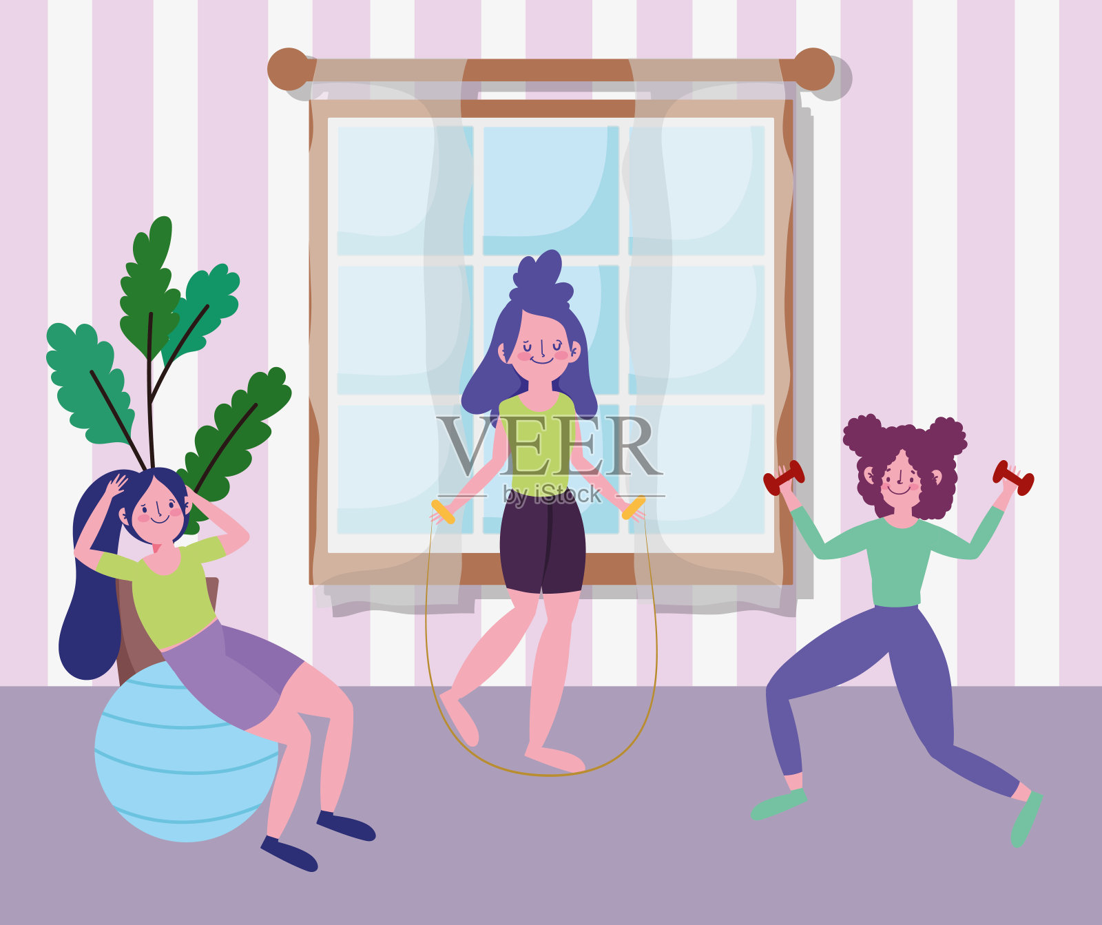 女孩们用球和哑铃健身，在家锻炼插画图片素材