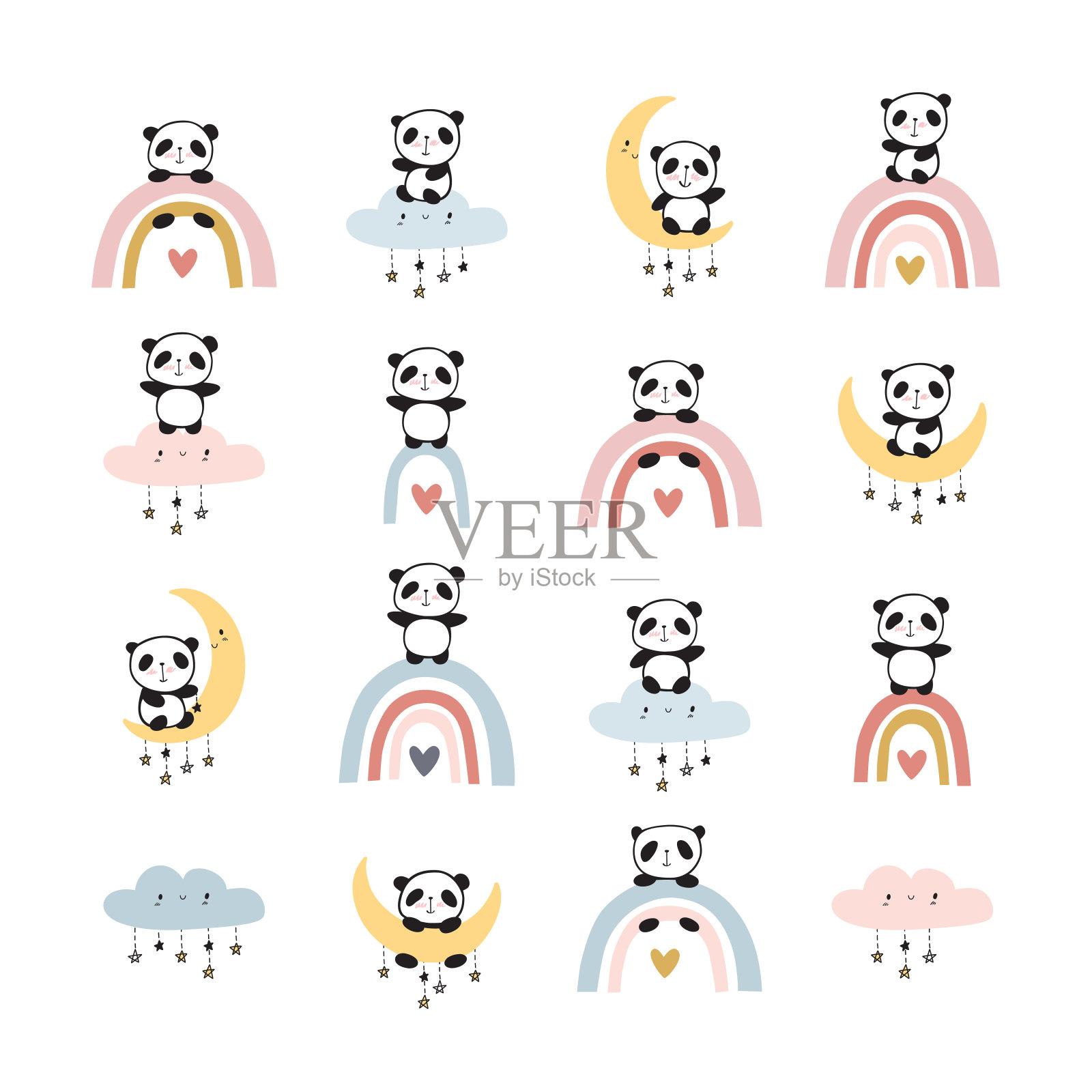 一组可爱的熊猫在云，彩虹和月亮上。设计元素图片