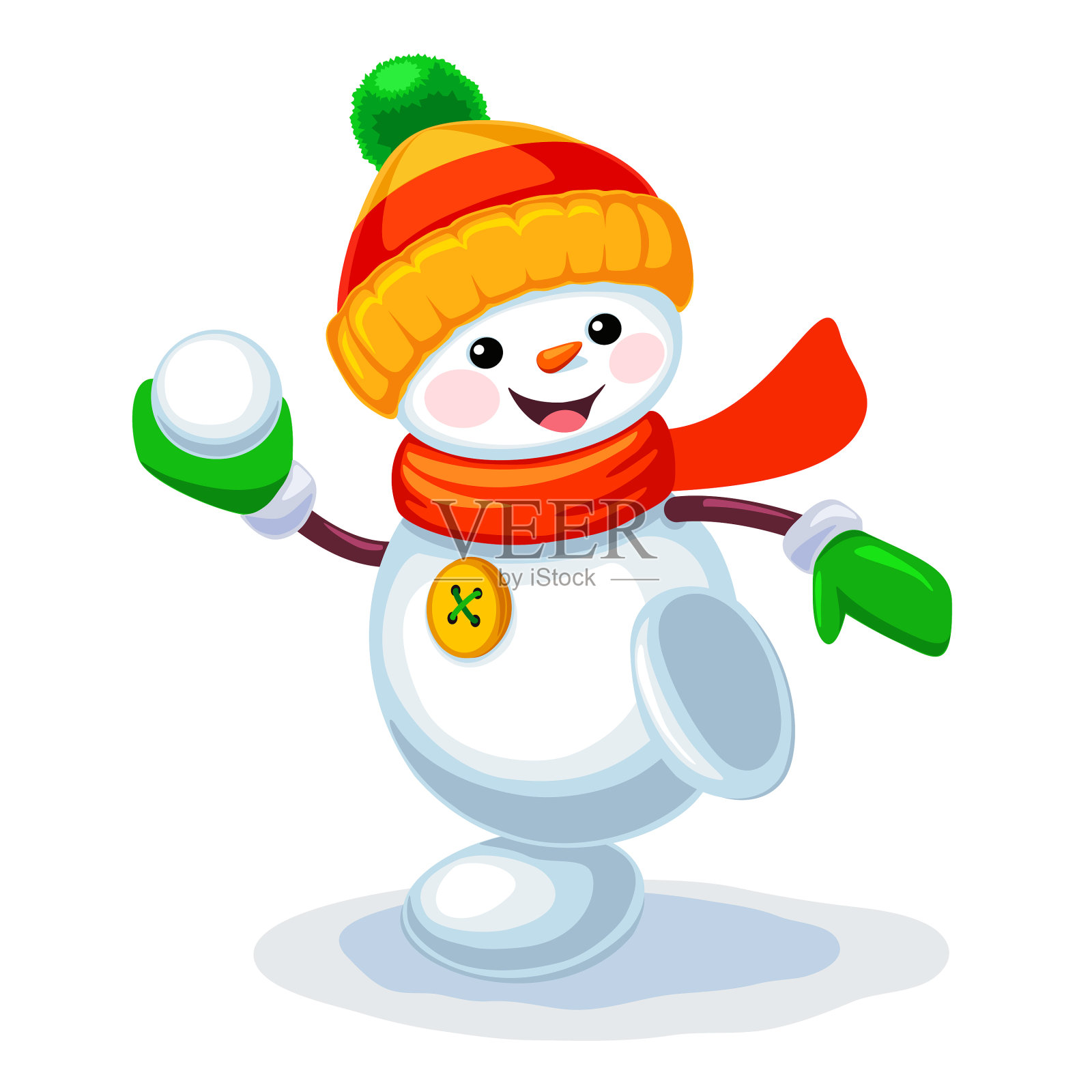 可爱的雪人玩雪球孤立在白色设计元素图片