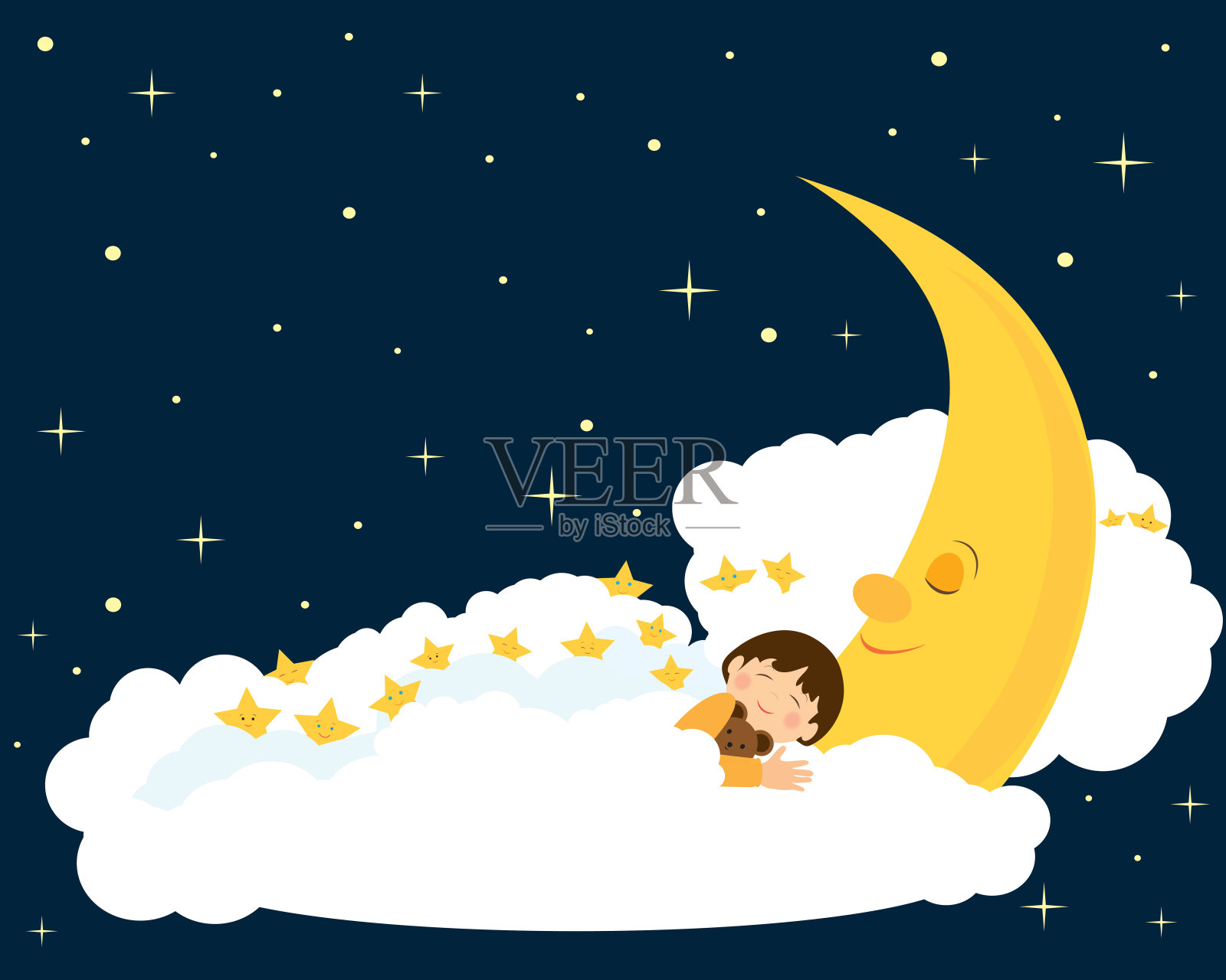 男孩睡在月亮上。插画图片素材