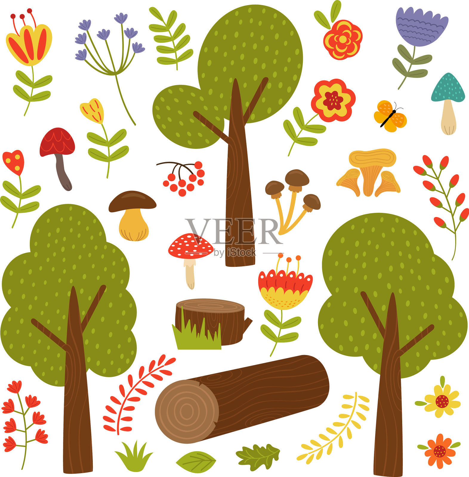 一组孤立的树木和植物插画图片素材