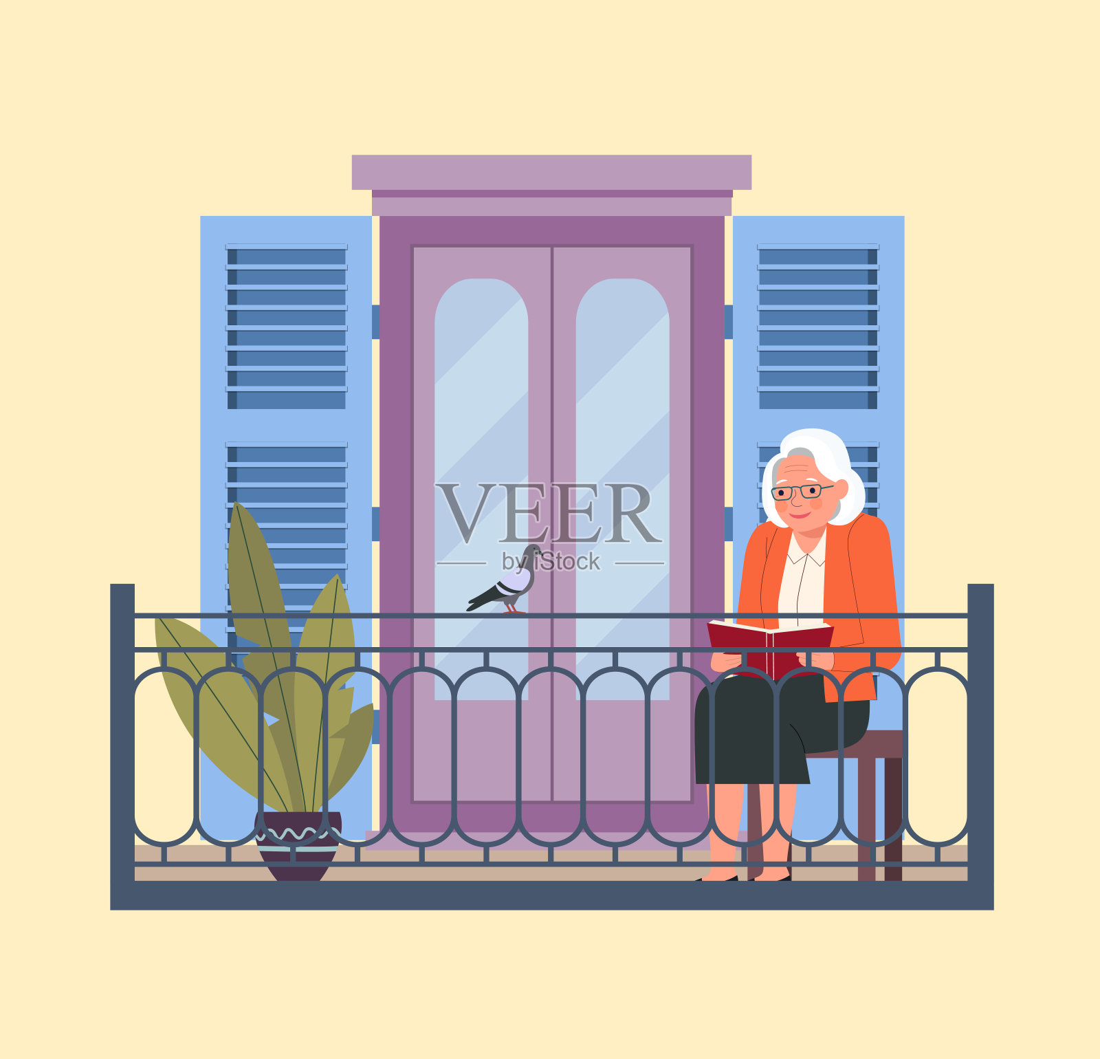 老妇人正在阳台上看书。矢量平面插图。插画图片素材