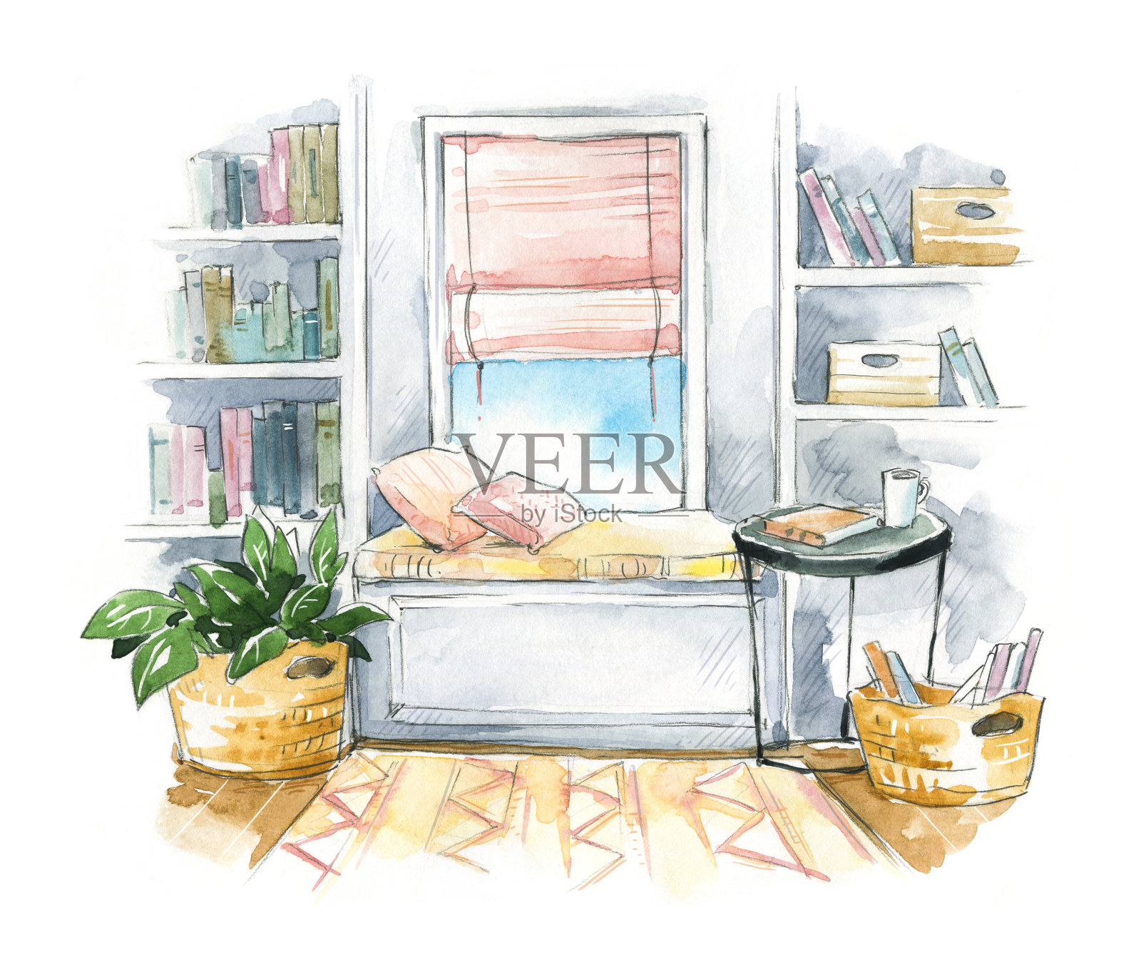 水彩室内素描，舒适的窗户座位与书架在一边插画图片素材