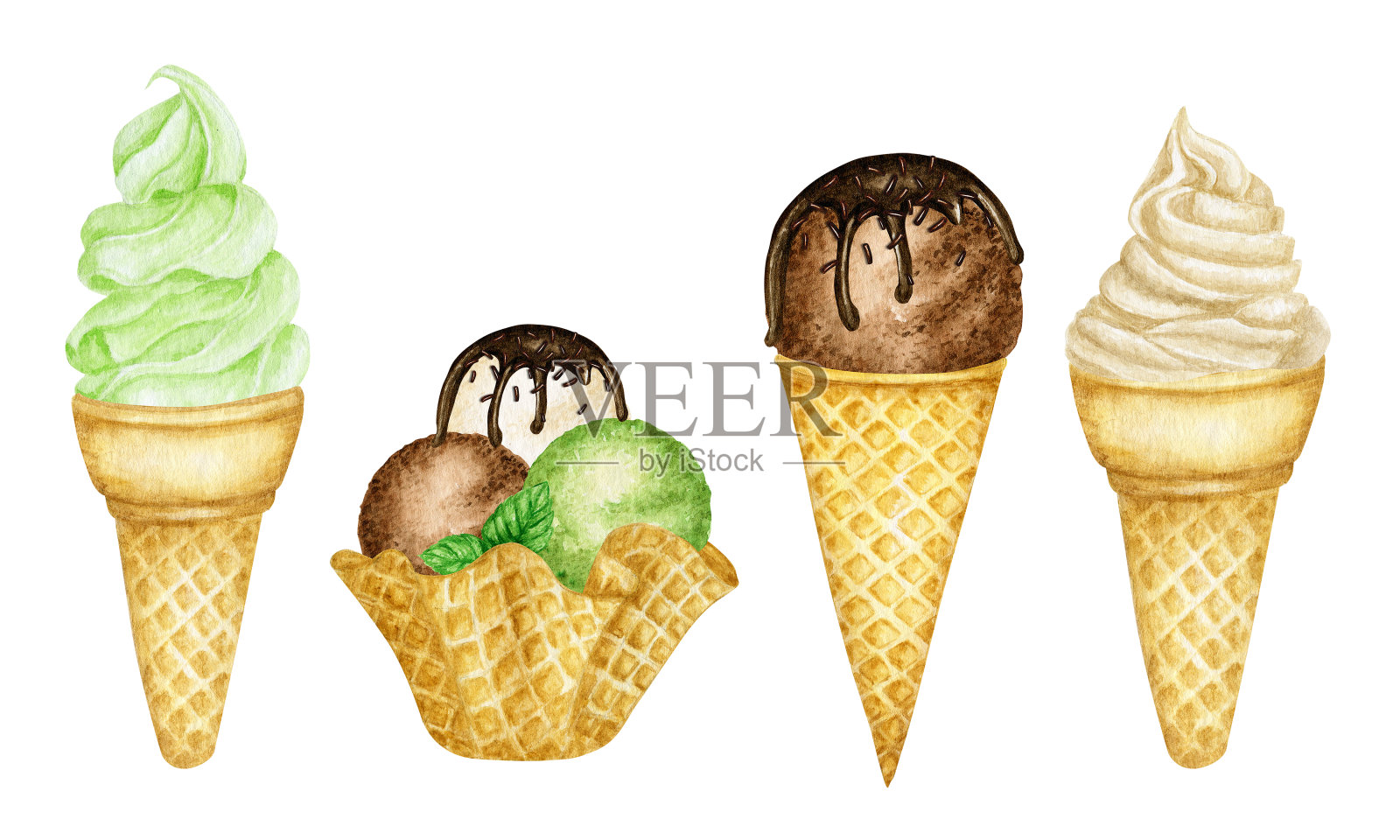在华夫蛋筒内装饰有巧克力的各种冰淇淋球。水彩插图孤立的各种球香草，巧克力，绿色开心果冰淇淋在华夫饼设计元素图片
