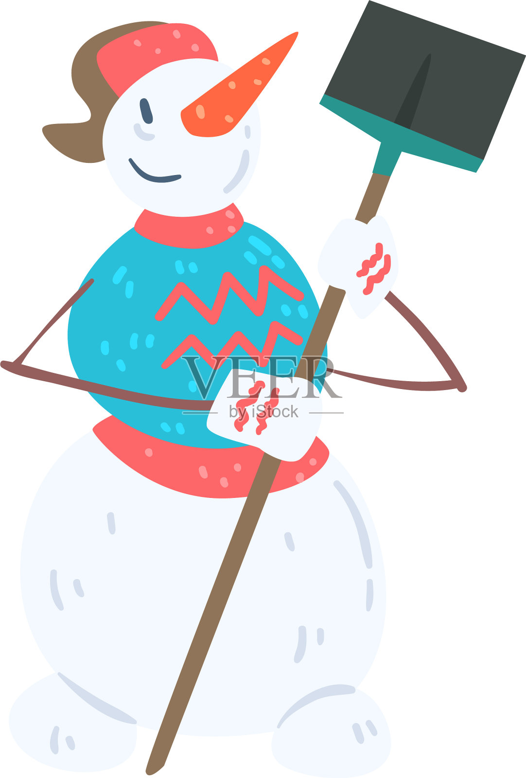 滑稽愉快的雪人人物用铲子设计元素图片