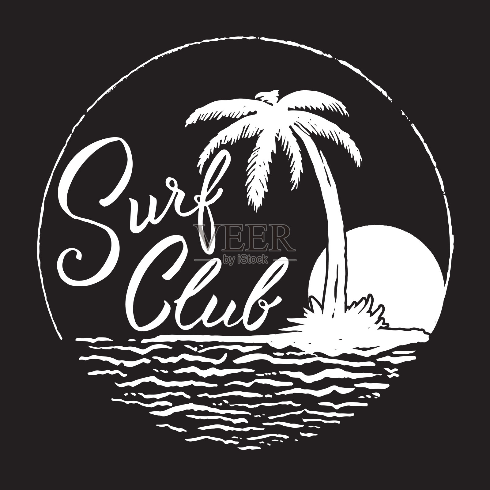 冲浪俱乐部刻有棕榈树，海洋和太阳插画图片素材