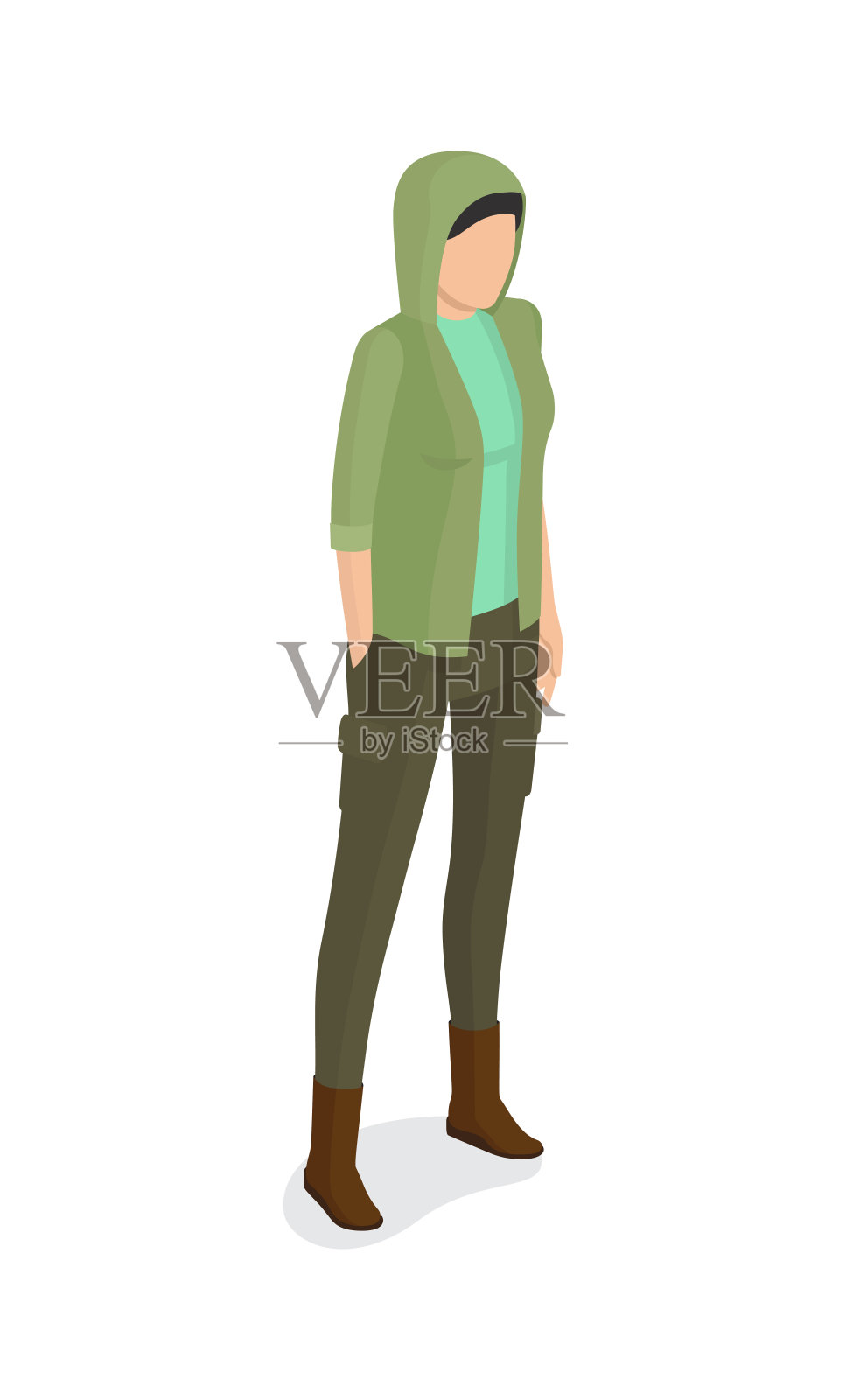 穿绿夹克，兜帽，绿裤子的女人设计元素图片