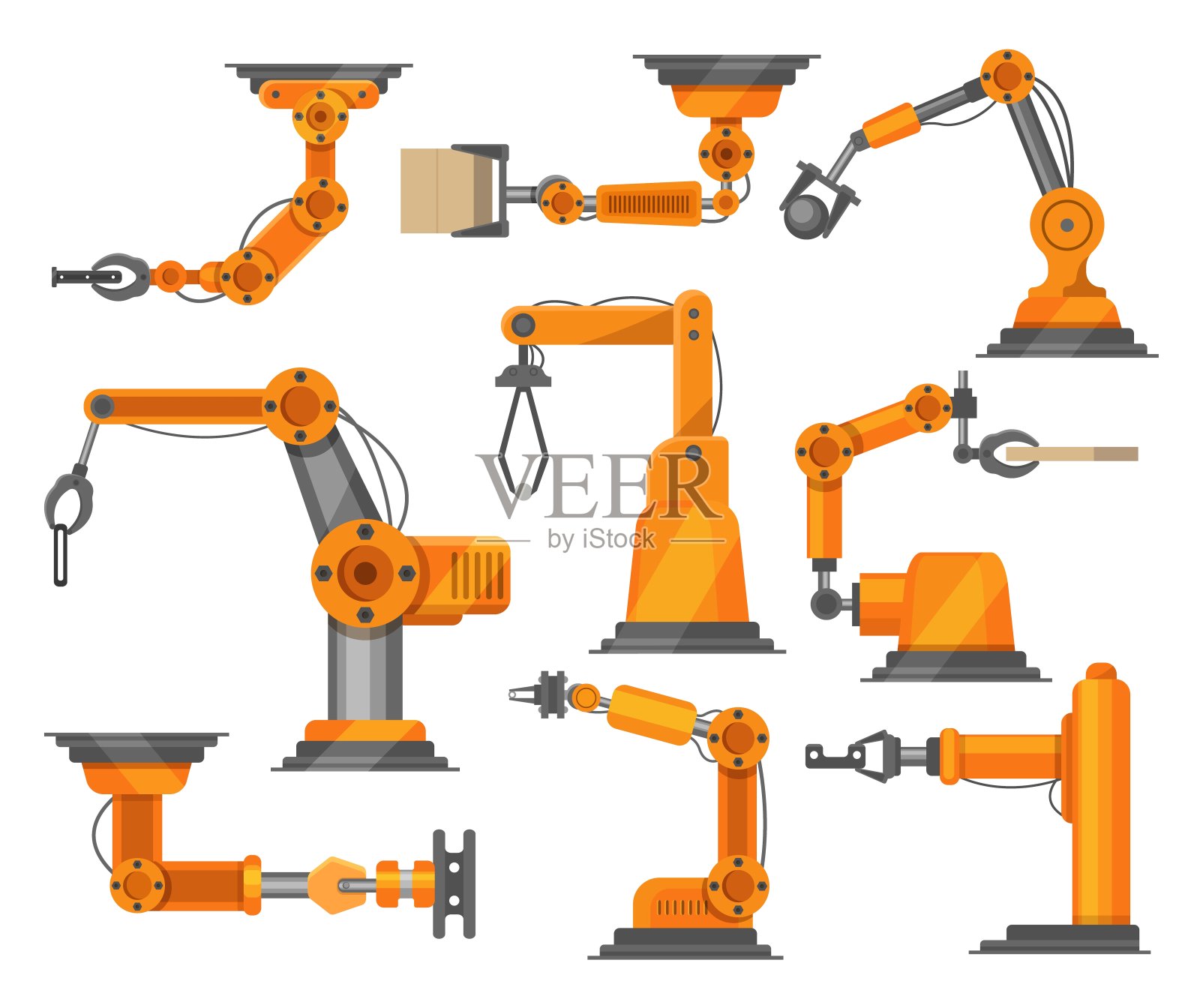 工业机器人机械手收集矢量机器人插图孤立在白色。使自动化部门技术。插画图片素材