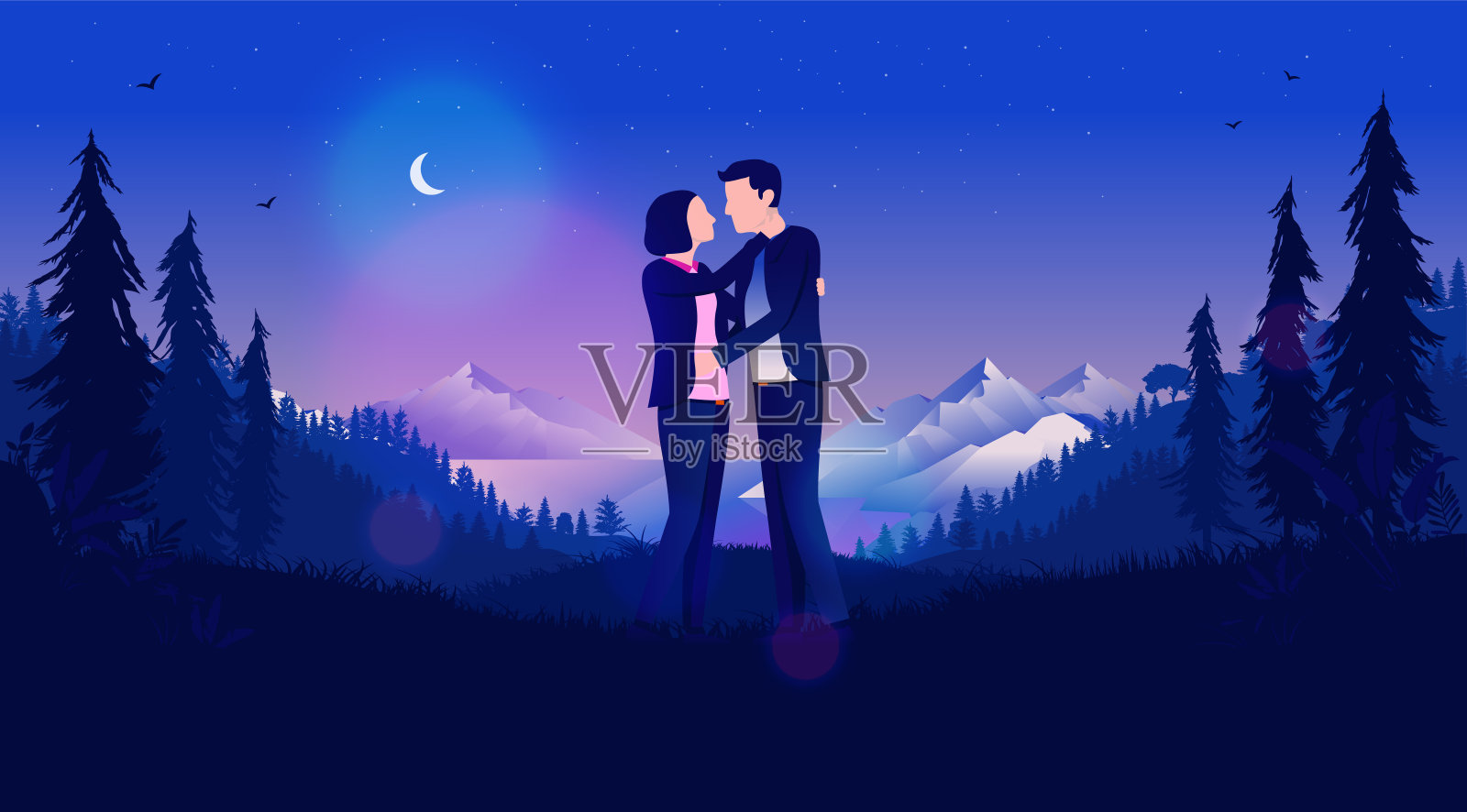 情侣在月色皎洁的夜晚秘密会面插画图片素材