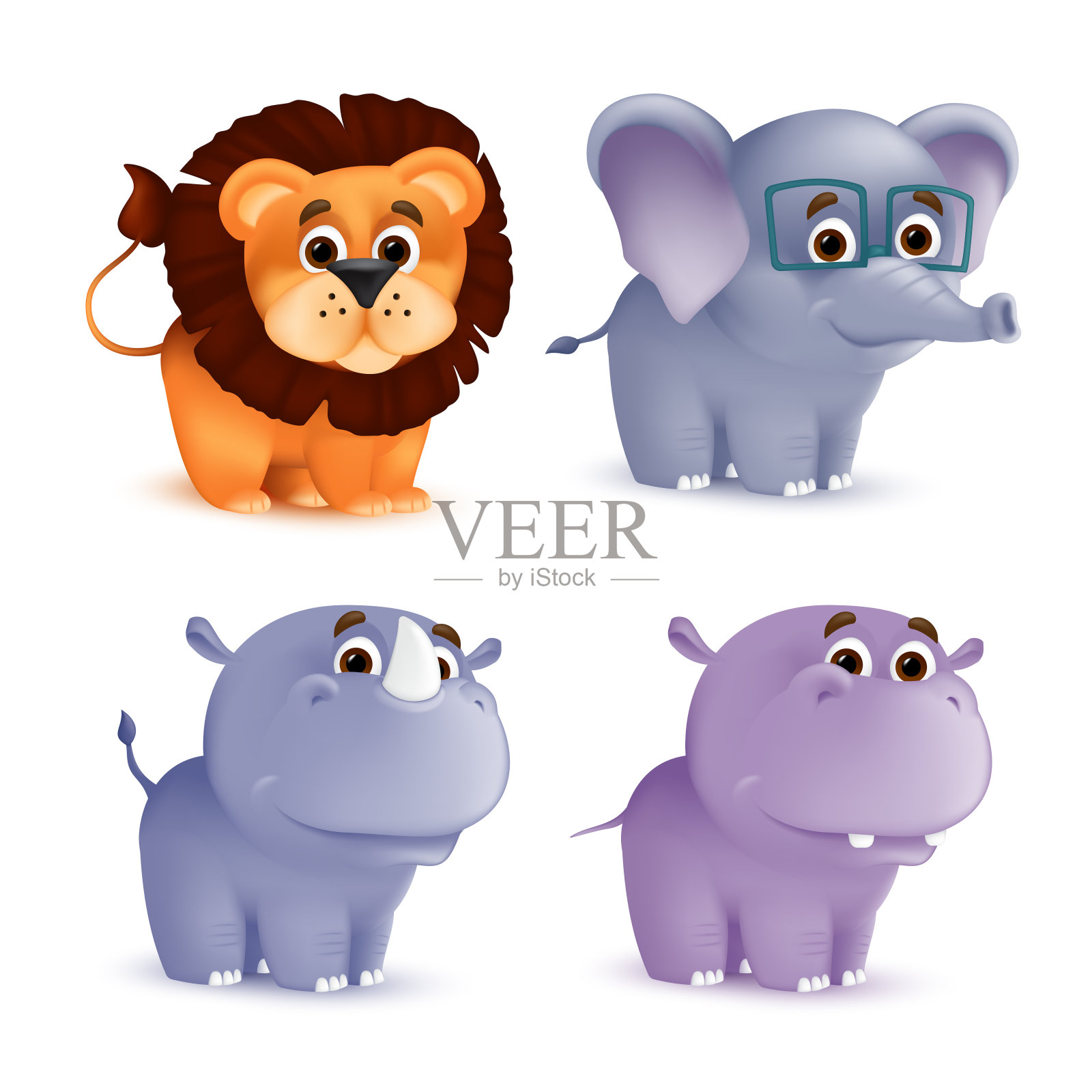 可爱的站立和微笑卡通人物设定-犀牛，狮子，大象，河马。矢量插图的非洲野生动物吉祥物新生动物孤立在白色的背景设计元素图片