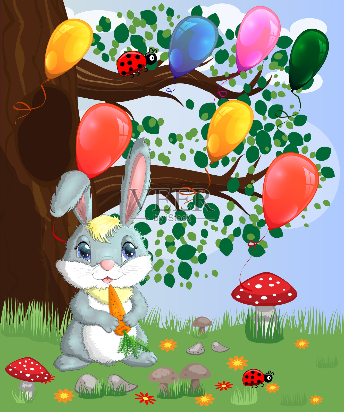 小兔子和胡萝卜在林间空地的春天插画图片素材