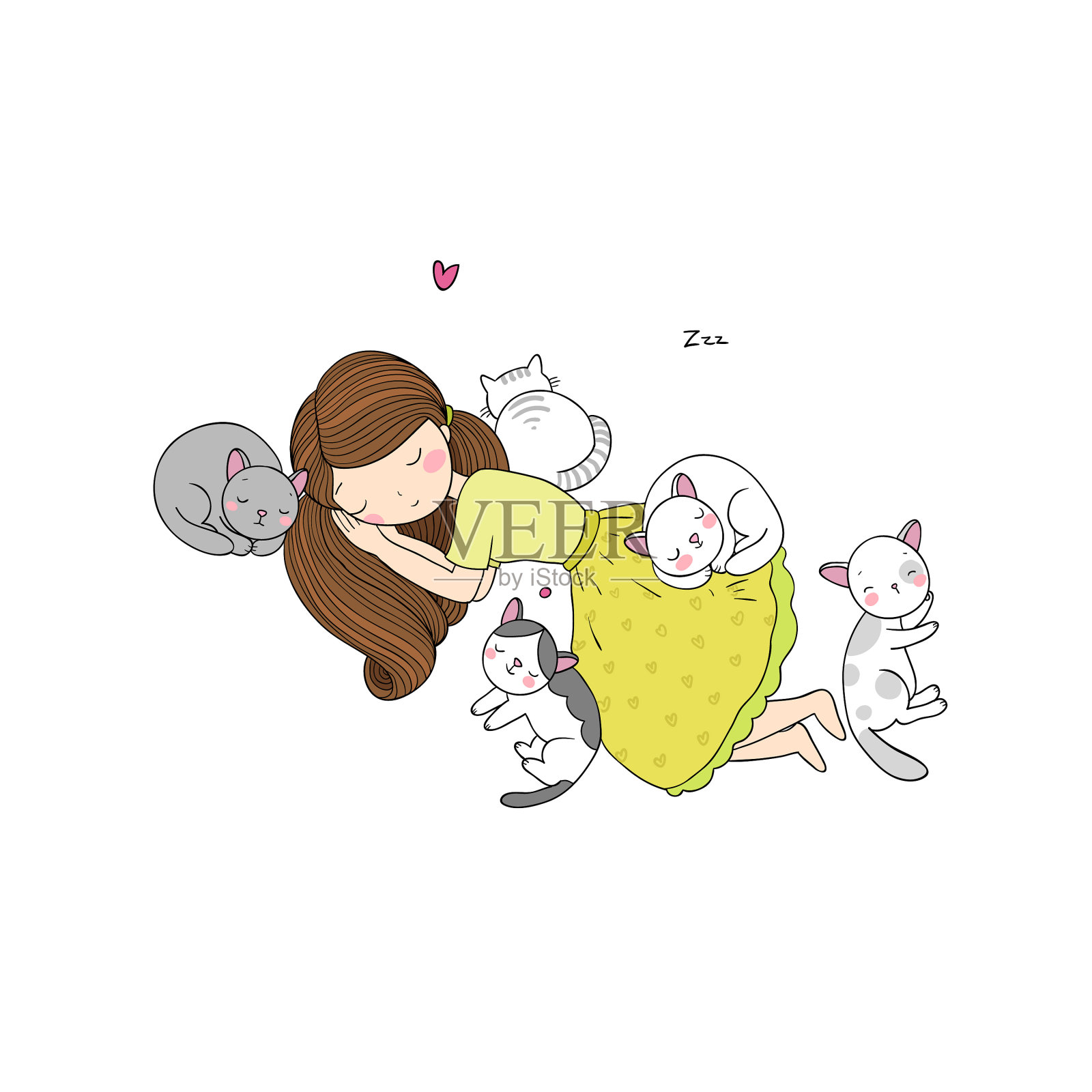 小猫睡觉插图(猫、卡通动物、动物、睡觉、可爱)手绘插图_北极熊素材库