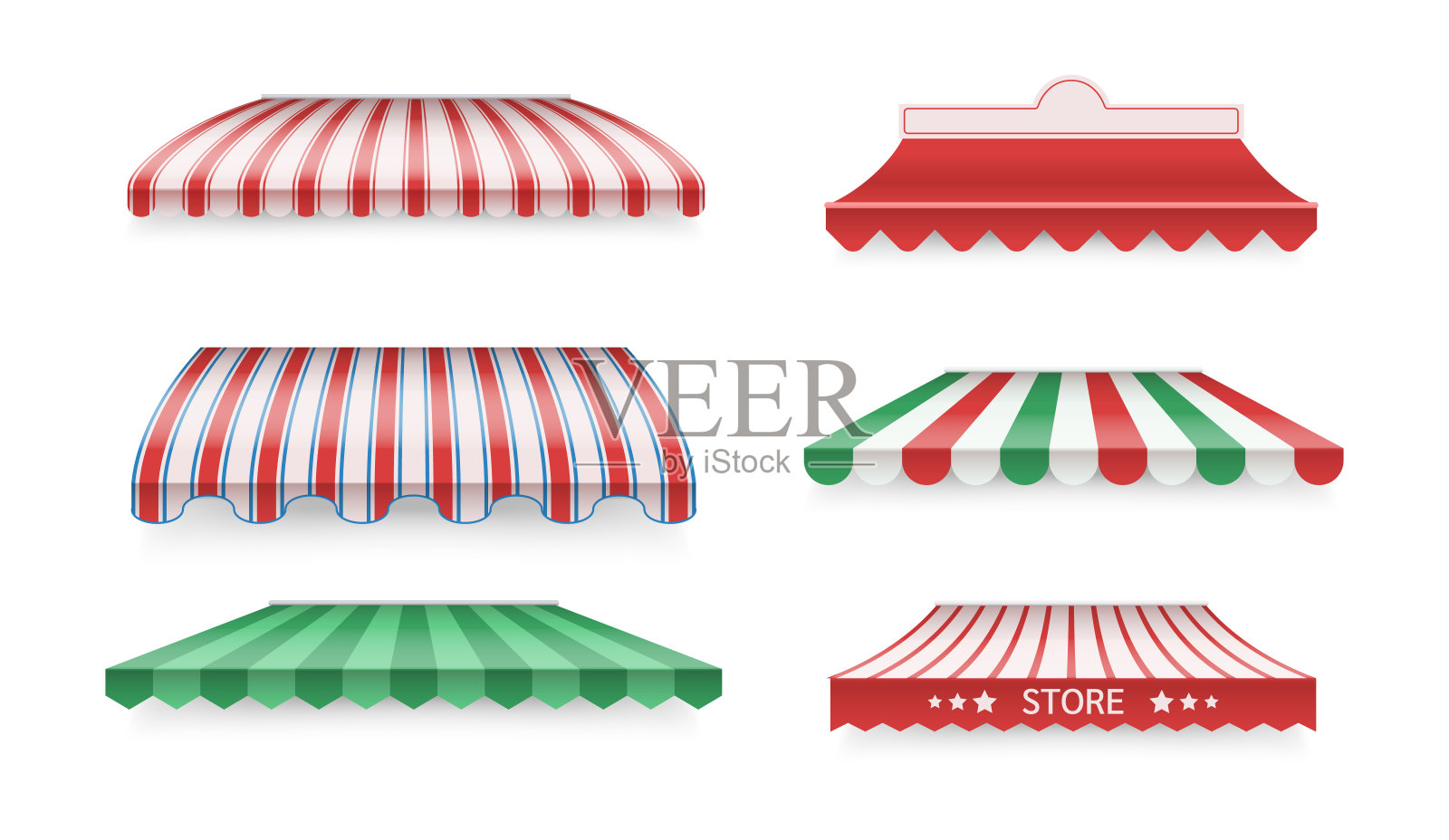 各种颜色的遮阳篷，适用于商店、咖啡馆、酒店、街头餐馆。插画图片素材