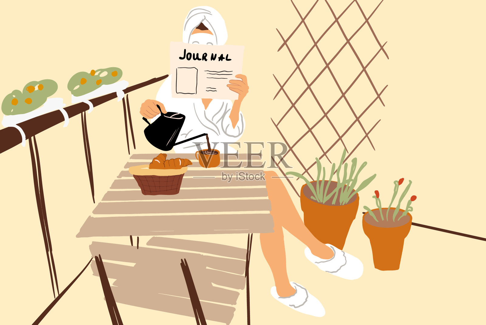一个女人在阳台上吃早饭插画图片素材