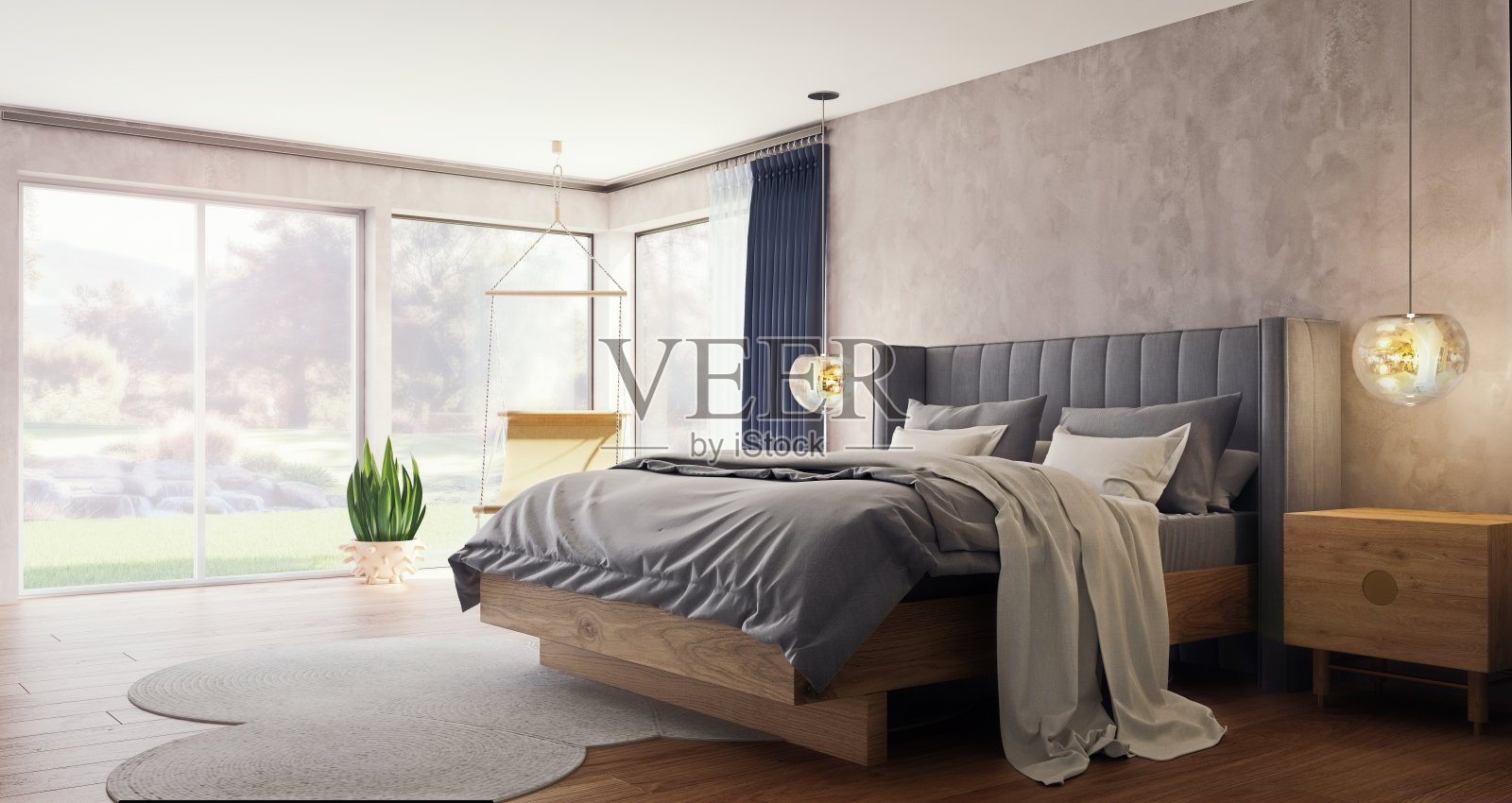 现代室内设计，宽敞的卧室，大窗户和花园和森林的背景，3d渲染，3d插图照片摄影图片