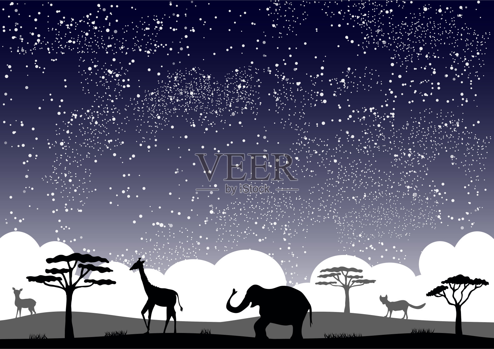 星空下的草地上野生动物的剪影插图插画图片素材