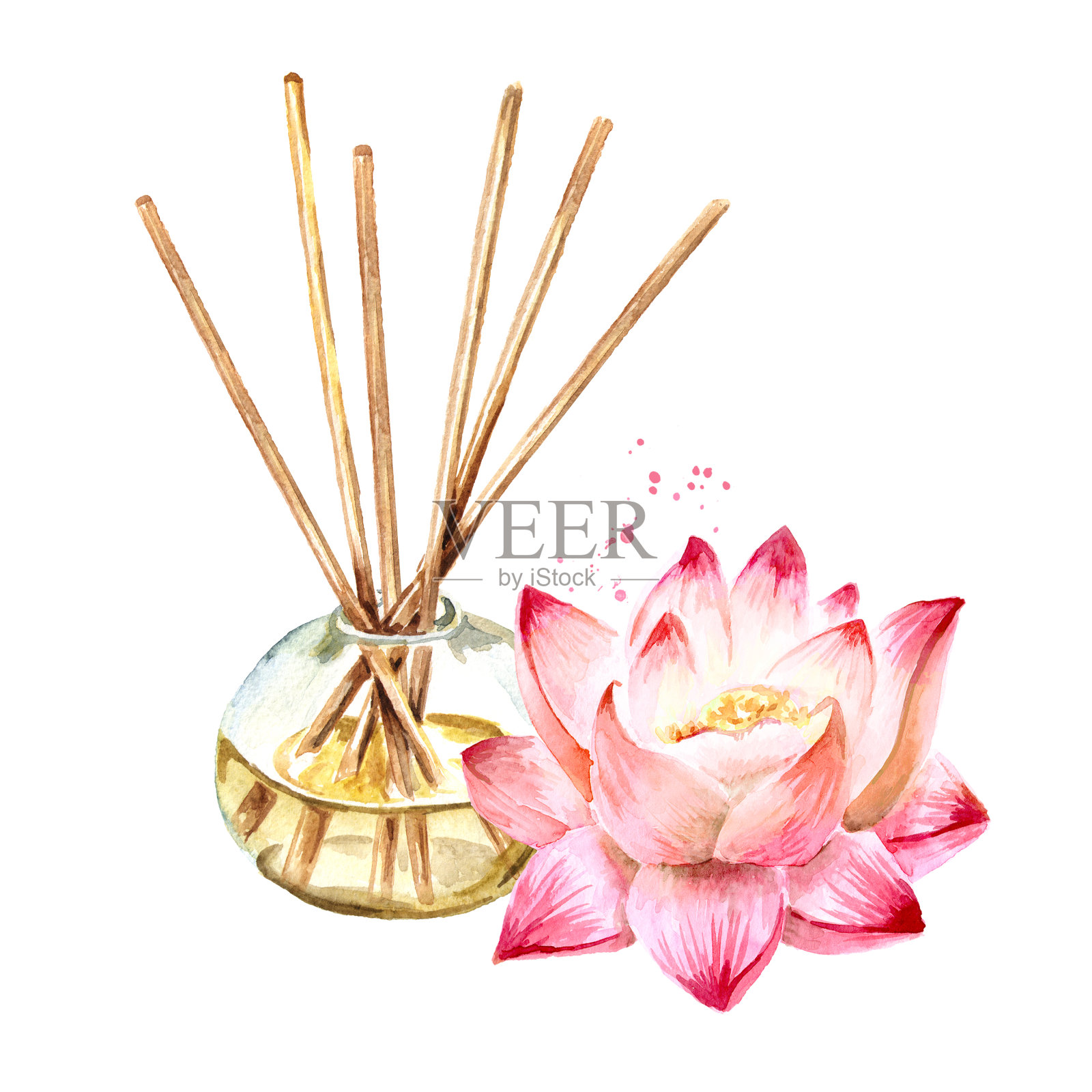 粉红色莲花液体在一个玻璃瓶与棍棒和一朵花。手绘植物水彩插图孤立的白色背景插画图片素材